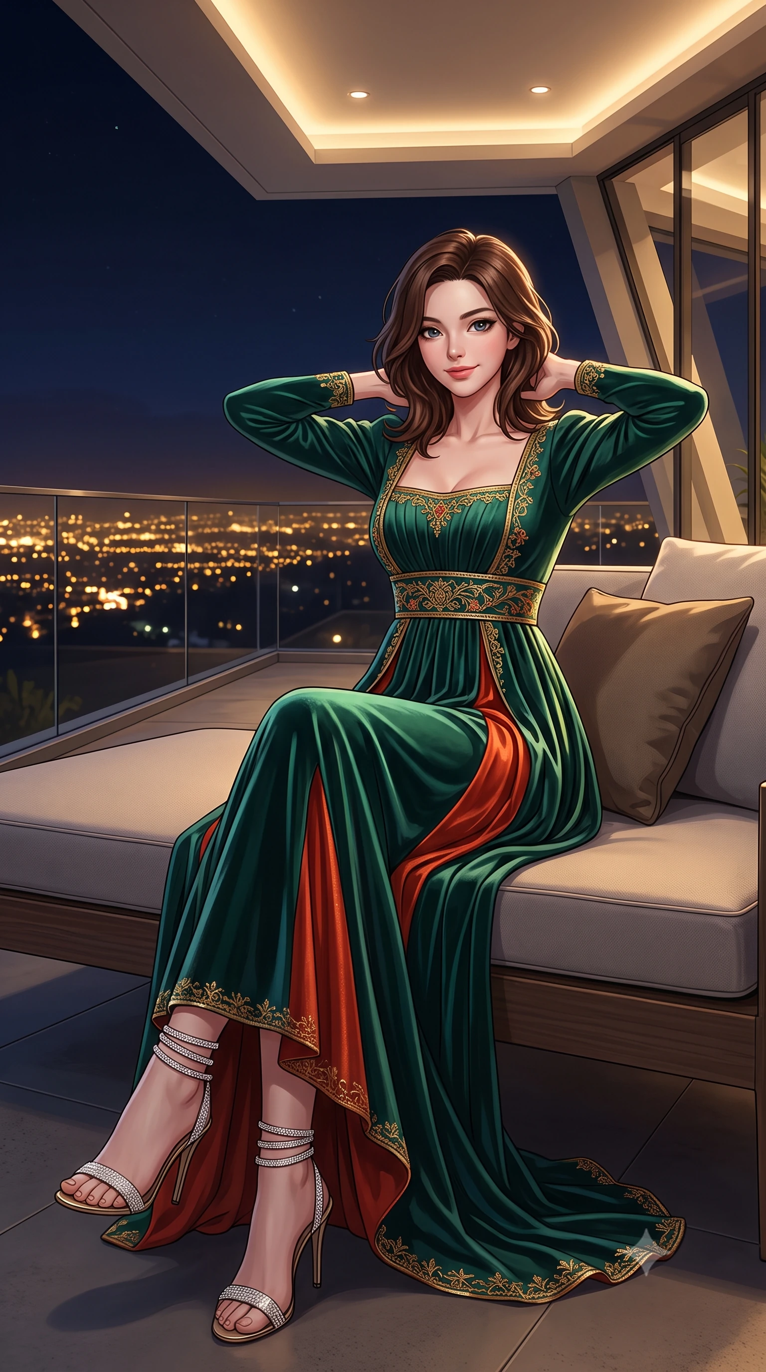 score_9, masterpiece, best quality, ultra-detailed, high-budget anime keyframe, semi-realistic 3D game render, editorial fashion photography, tasteful artistic composition, Korean woman. close-up cowboy shot from the waist and thighs up, the character dominates the composition, filling the frame with her large presence. resting both hands lightly behind her neck with elbows raised, arching her spine to highlight her narrow waist, flat midriff, and breathtaking collarbones while lounging in the custom Italian outdoor daybed propped on one elbow with legs extended, her statuesque 8.5-heads silhouette dominating the nocturnal horizon. The surrounding environment is rendered in vivid detail and crisp panoramic clarity: detailed outfit tailoring, silhouette contours, and hillside architectural engineering in razor-sharp precision. She has an exceptionally elegant, slender, and willowy female figure with an ultra-slim waist, flat toned midriff, narrow ribcage, and sculpted feminine hips creating an alluring, slim hourglass silhouette without bulk. sharp v-shaped jawline, high-bridge nose, intricate jewel-like sparkling eyes with depth, thick eyelashes, glossy parted lips with a natural peach sheen, bright cheerful beaming smile with an enchanting and coquettish sensual glint, exuding both youthful cute charm and seductive allure, flawlessly proportioned anatomical accuracy, strict slender model proportions, natural body alignment, perfectly sculpted long slender limbs, ultra-slim waistline, clean dynamic posture without body distortion. wearing a classical Habsburg empire-line pleated velvet evening gown with modest square neckline in Tanjong Pagar Peranakan jade green and gilded vermilion, crafted from bespoke double-faced cashmere with an exceptionally soft tactile finish, complemented by strappy stiletto sandals with crystal ankle wraps accentuating her slender calves, the bespoke structured tailoring following the natural line of her 8.5-heads silhouette with refined elegance. bathed in the dramatic contrast of golden city lights below and dim 2800K recessed interior cove downlights. highly saturated vibrant anime colors, detailed shading with soft gradients, rich glossy textures, high-contrast stereoscopic depth, volumetric dynamic lighting, master piece, 9:16 ratio