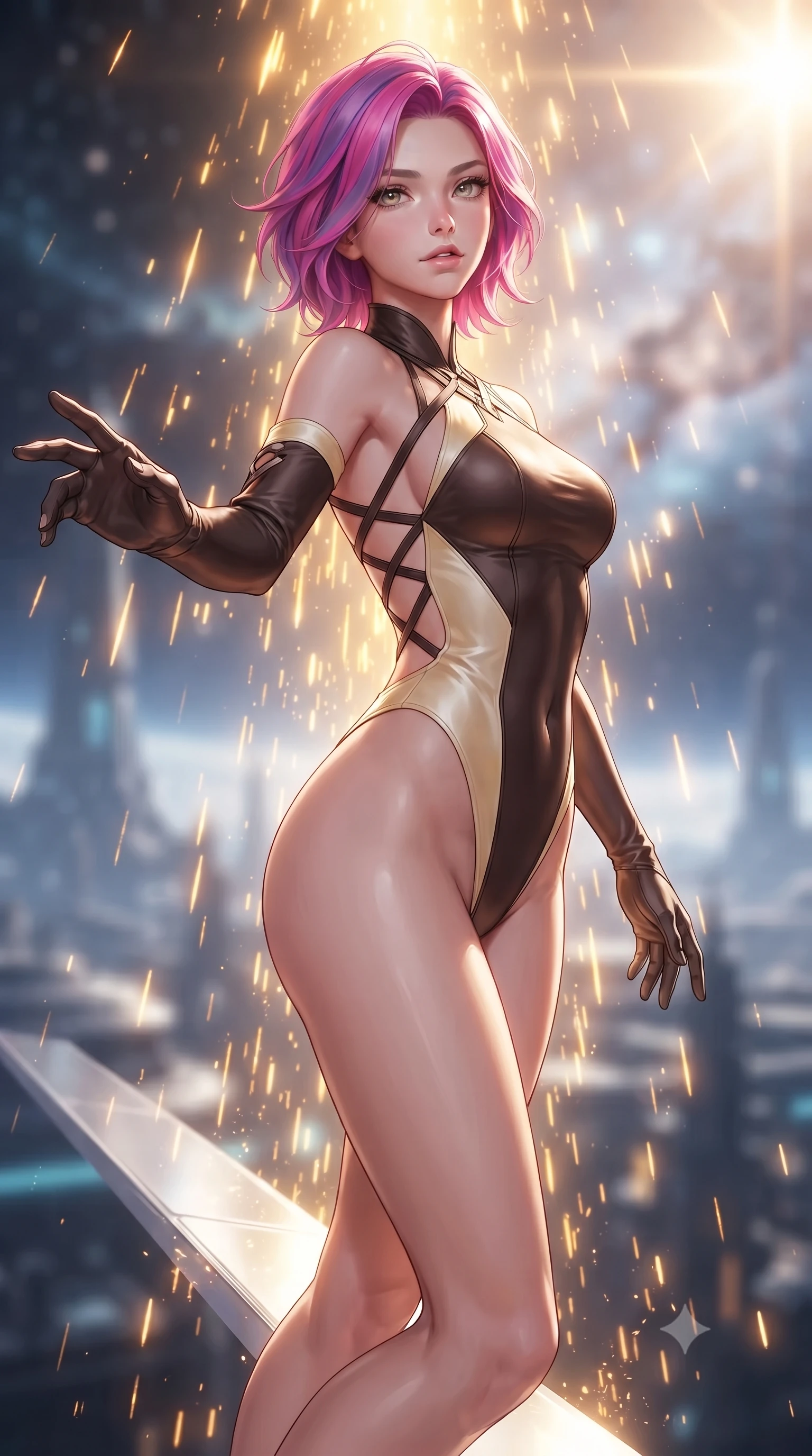 score_9, masterpiece, best quality, ultra-detailed, high-budget anime keyframe, editorial fashion photography, tasteful artistic composition, Caucasian woman. close-up cowboy shot from the waist and thighs up, the character dominates the composition, filling the frame with her large presence, background elements kept in soft focus. Tilting her chin up with an air of effortless superiority while balancing dynamically amidst the scene while reaching one arm gracefully toward the camera while balancing on a floating platinum beam, blazing solar flare sparks falling like a golden shower around her statuesque figure. She has an exceptionally elegant, slender, and willowy female figure with an ultra-slim waist, a gracefully sculpted slender torso, and a refined silhouette. sharp v-shaped jawline, high-bridge nose, intricate jewel-like eyes with depth, thick eyelashes, glossy lips with a natural sheen, flawlessly proportioned anatomical accuracy, natural body alignment, perfectly sculpted elegant limbs, clean dynamic posture without body distortion. wearing an asymmetrical high-cut tech-bodysuit with detached sleeves in espresso brown and warm cream, crafted from smooth liquid silk, complemented by criss-cross back straps highlighting her bare shoulders, the glove-like fit emphasizing her statuesque silhouette during motion. surrounded by a brilliant solar aura with high-contrast metallic specular shine. ultra-reflective glossy finish, specular highlights, metallic sheen, high-contrast stereoscopic depth, volumetric dynamic lighting, 2k, ultra detail, master piece, 9:16 ratio