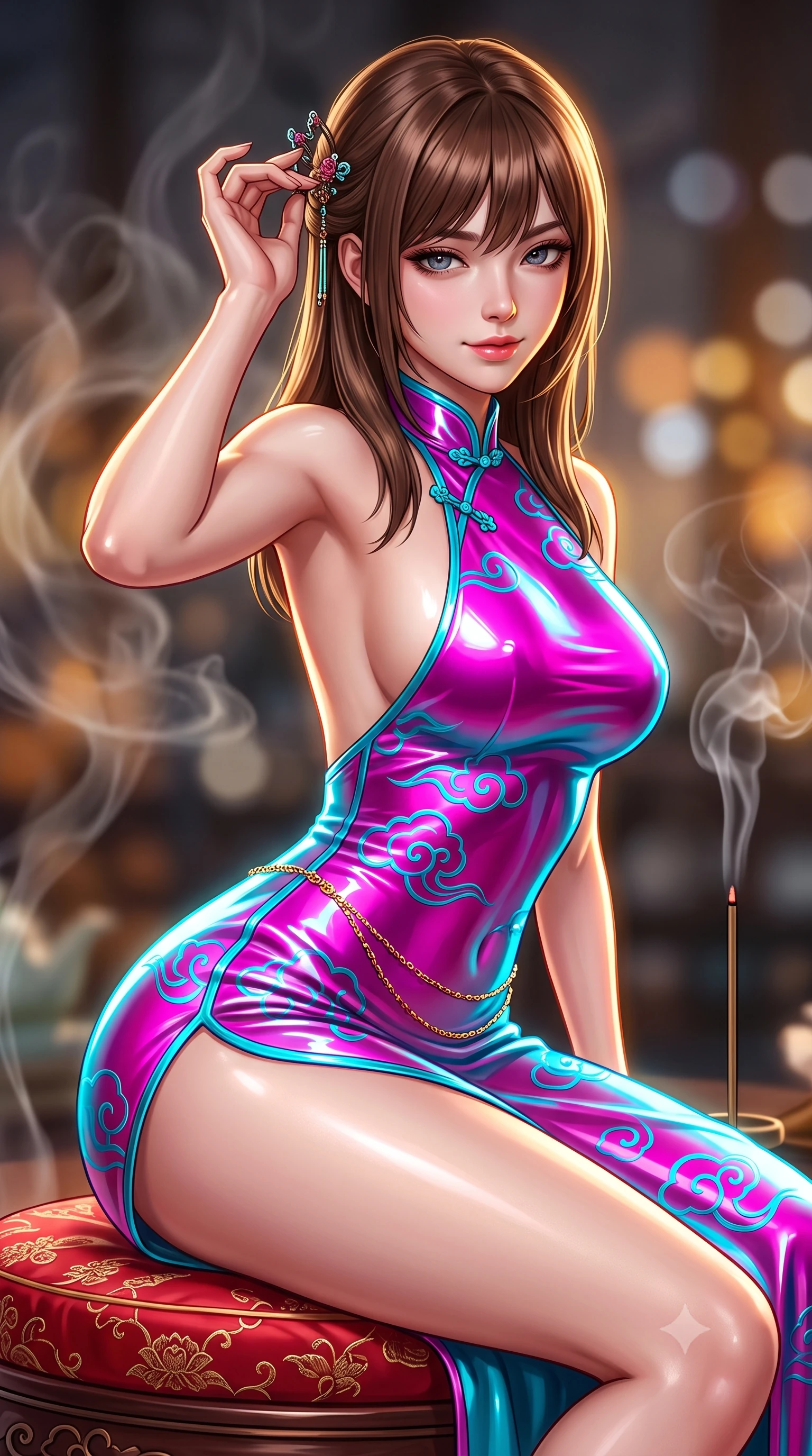 score_9, masterpiece, best quality, ultra-detailed, high-budget anime keyframe, semi-realistic 3D game render, editorial fashion photography, tasteful artistic composition, Korean woman. close-up cowboy shot from the waist and thighs up, the character dominates the composition, filling the frame with her large presence. leaning forward while arching her lower back to accentuate her curvy hips, looking into the camera with an intoxicating smoldering gaze and bedroom-eyes while sitting perched gracefully on an embroidered red silk hassock, one hand adjusting her hairpin with sovereign high-society allure. The background shows a soft-focus swirling tea steam, burning agarwood incense, and distant palace courtyards blurred into amber, charcoal, and pearl bokeh. She has an exceptionally elegant, slender, and willowy female figure with an ultra-slim waist, flat toned midriff, narrow ribcage, and sculpted feminine hips creating an alluring, slim hourglass silhouette without bulk. sharp v-shaped jawline, high-bridge nose, sparkling eyes with hypnotic seductive depth, thick curled eyelashes, glossy parted lips with a natural dewy peach sheen, alluring bedroom-eyes with an enchanting coquettish smile, exuding magnetic siren charisma and sophisticated glamour, flawlessly proportioned anatomical accuracy, strict slender model proportions, natural body alignment, perfectly sculpted long slender limbs, ultra-slim waistline, clean dynamic posture without body distortion. wearing a backless embroidered silk satin slip dress with traditional cloud motifs contouring her narrow waist and curvy hips in electric 80s magenta and neon cyan with chrome highlights, crafted from wet-look high-gloss vinyl fabric with dazzling specular surface reflections, finished with a dainty gold belly chain resting across her flat midriff and curving hips, the liquid-tight tailored fabric clinging flawlessly to her narrow waist and rounded feminine hips, emphasizing every millimeter of her sculpted slim hourglass curves without any bulky heaviness. illuminated by lacquer specular highlights and sharp warm-gold rim lights defining her razor-sharp jawline, narrow waist, and curvy hips. highly saturated vibrant anime colors, detailed shading with soft gradients, rich glossy textures, high-contrast stereoscopic depth, volumetric dynamic lighting, master piece, 9:16 ratio