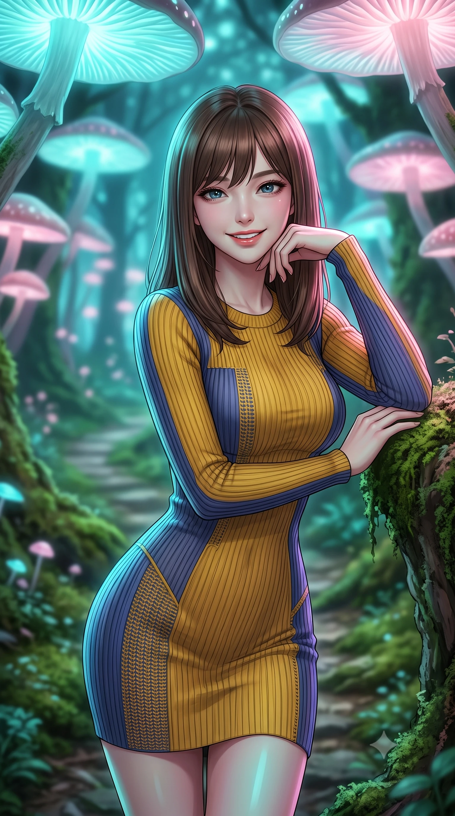 score_9, masterpiece, best quality, ultra-detailed, high-budget anime keyframe, editorial fashion photography, tasteful artistic composition, Korean woman. close-up cowboy shot from the waist and thighs up, the character dominates the composition, filling the frame with her large presence, background elements kept in soft focus. Resting her chin on her hand, smiling warmly with relaxed happiness. set against a soft-focus background of walking along a mossy path in an ancient forest under a canopy of giant bioluminescent glowing mushrooms that emit soft cyan and pink light. She has an exceptionally elegant, slender, and willowy female figure with a highly-defined ultra-slim waist, a gracefully sculpted slender torso, and a refined slim-fit silhouette that contours her form. sharp v-shaped jawline, high-bridge nose, intricate jewel-like eyes with depth, thick eyelashes, glossy lips with a natural sheen. wearing a body-hugging ribbed knit dress in a striking mustard yellow and indigo blue colorway, sculpting her slender proportions. cool cyan and soft pink lights from the mushrooms, wrapping the forest floor in a magical glowing ambiance. 2k, ultra detail, master piece, 9:16 ratio