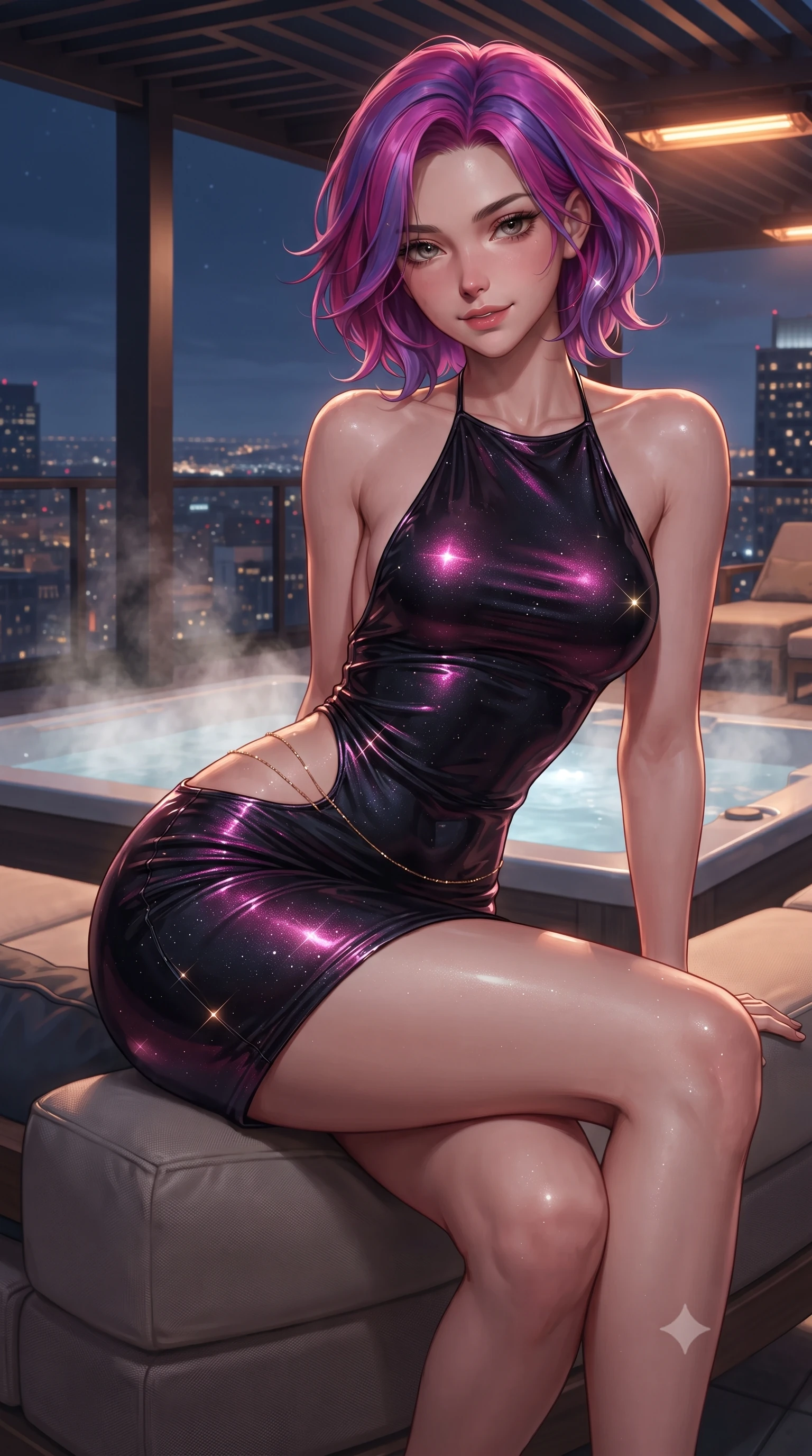 score_9, masterpiece, best quality, ultra-detailed, high-budget anime keyframe, editorial fashion photography, tasteful artistic composition, Caucasian woman. close-up cowboy shot from the waist and thighs up, the character dominates the composition, filling the frame with her large presence. perched sideways on the lounge seat, one knee drawn up to showcase her slender leg line while her arched back accentuates her feminine hip curve while twisting her slender torso in an alluring S-curve, rising hot water vapor and city lights framing her narrow waist and curvy hips. The surrounding environment is rendered in vivid detail and crisp panoramic clarity: detailed wet-look velvet romper cling, delicate waist chain shine, and contemporary rooftop terrace engineering in high resolution. She has an exceptionally elegant, slender, and willowy female figure with an ultra-slim waist, flat toned midriff, narrow ribcage, and sculpted feminine hips creating an alluring, slim hourglass silhouette without bulk. sharp v-shaped jawline, high-bridge nose, sparkling eyes with hypnotic seductive depth, thick curled eyelashes, glossy parted lips with a natural dewy peach sheen, alluring bedroom-eyes with an enchanting coquettish smile, exuding magnetic siren charisma and sophisticated glamour, flawlessly proportioned anatomical accuracy, strict slender model proportions, natural body alignment, perfectly sculpted long slender limbs, ultra-slim waistline, clean dynamic posture without body distortion. wearing a slinky backless halterneck column mini dress in shimmering liquid vinyl clinging like a second skin in wet-look onyx black with electric magenta reflections, woven from stretch metallic lurex jersey casting radiant starlight glints across her silhouette, accented with a dainty gold belly chain resting across her flat midriff and curving hips, the second-skin tailored fabric adhering flawlessly to her sculpted flat midriff and slender torso, emphasizing her long leg lines and perfectly proportioned willowy build. bathed in warm underwater tub LED glow mixed with warm pergola infrared heat lamp radiance. ultra-reflective glossy finish, specular highlights, rich textural contrasts, high-contrast stereoscopic depth, volumetric dynamic lighting, 2k, ultra detail, master piece, 9:16 ratio