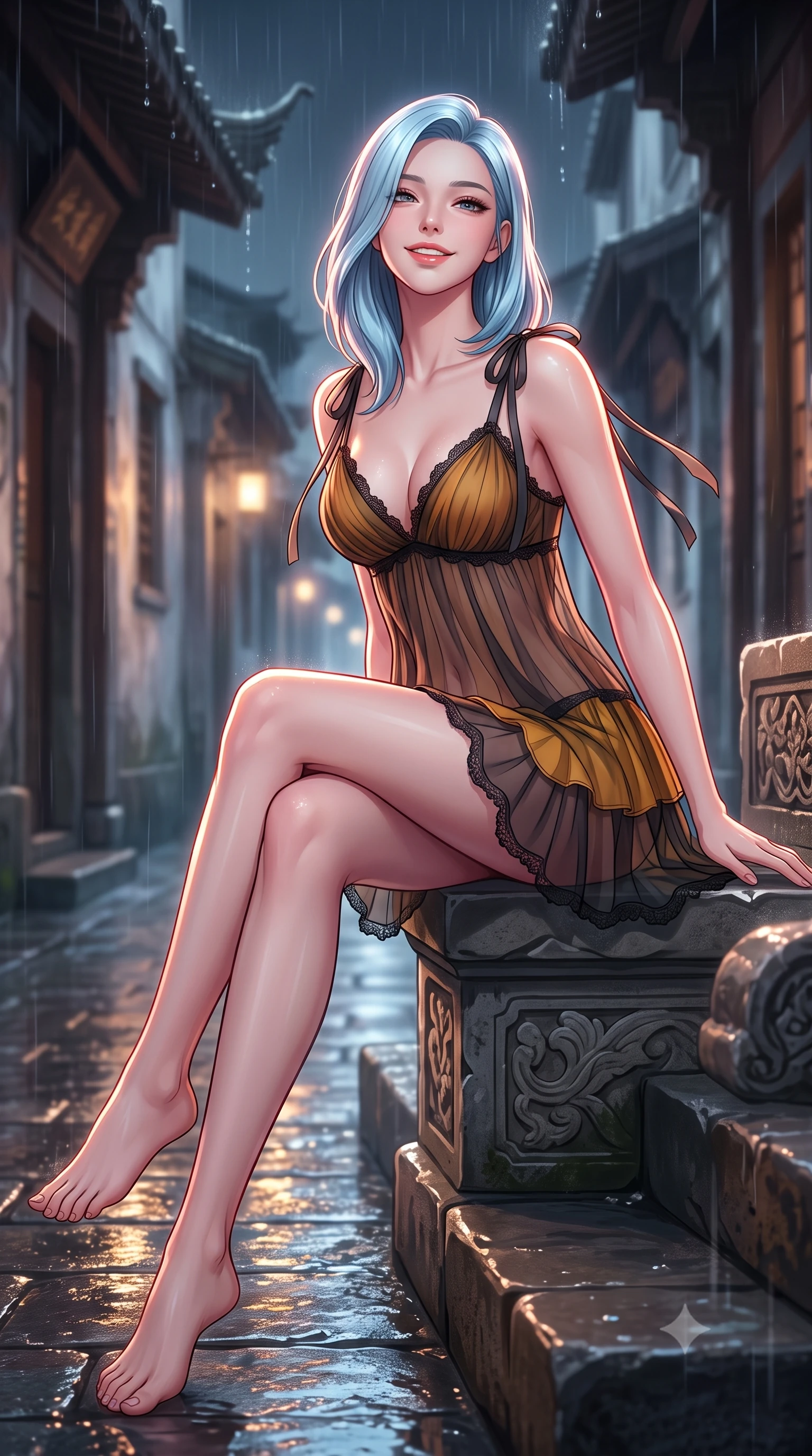 score_9, masterpiece, best quality, ultra-detailed, high-budget anime keyframe, semi-realistic 3D game render, editorial fashion photography, tasteful artistic composition, Korean woman. low angle full-body shot from head to toe showing her feet, filling the entire 9:16 vertical frame with her statuesque presence, stretching her vertical silhouette. sitting poised on the stone steps with one knee bent, arching her spine with supermodel elegance as she glances upward through thick eyelashes while sitting gracefully on the carved stone bench with legs crossed, flashing a radiant, flirtatious smile toward the lens. The background shows a soft-focus rain droplets dripping from eaves softened in historic Shikumen alley nocturne shallow focus. She has an exceptionally tall and slender model-like 8.5-heads proportion, an ultra-slim waist, a flat toned midriff, narrow delicate ribcage, and beautifully sculpted feminine hips creating a graceful, slim hourglass silhouette without any bulky heaviness, with impossibly long slender legs. sharp v-shaped jawline, high-bridge nose, intricate jewel-like sparkling eyes with depth, thick eyelashes, glossy parted lips with a natural peach sheen, bright cheerful beaming smile with an enchanting and coquettish sensual glint, exuding both youthful cute charm and seductive allure, flawlessly proportioned anatomical accuracy, strict slender model proportions, natural body alignment, perfectly sculpted long slender limbs, ultra-slim waistline, clean dynamic posture without body distortion. wearing a form-contouring sheer pleated georgette baby-doll slip with plunging sweetheart neckline and scalloped lace trim in Hakone steaming sulfur amber and volcanic basalt black, made of fluid liquid jersey with seamless sculpting hold and smooth contours, finished with satin ribbon ties at the shoulders fluttering in the gentle breeze, the second-skin tailored fabric adhering flawlessly to her sculpted flat midriff and slender torso, emphasizing her long leg lines and perfectly proportioned willowy build. illuminated by wet ground specular highlights and sharp rose-gold rim lights sculpting her jawline, flat midriff, and curvy hips. highly saturated vibrant anime colors, detailed shading with soft gradients, rich glossy textures, high-contrast stereoscopic depth, volumetric dynamic lighting, master piece, 9:16 ratio