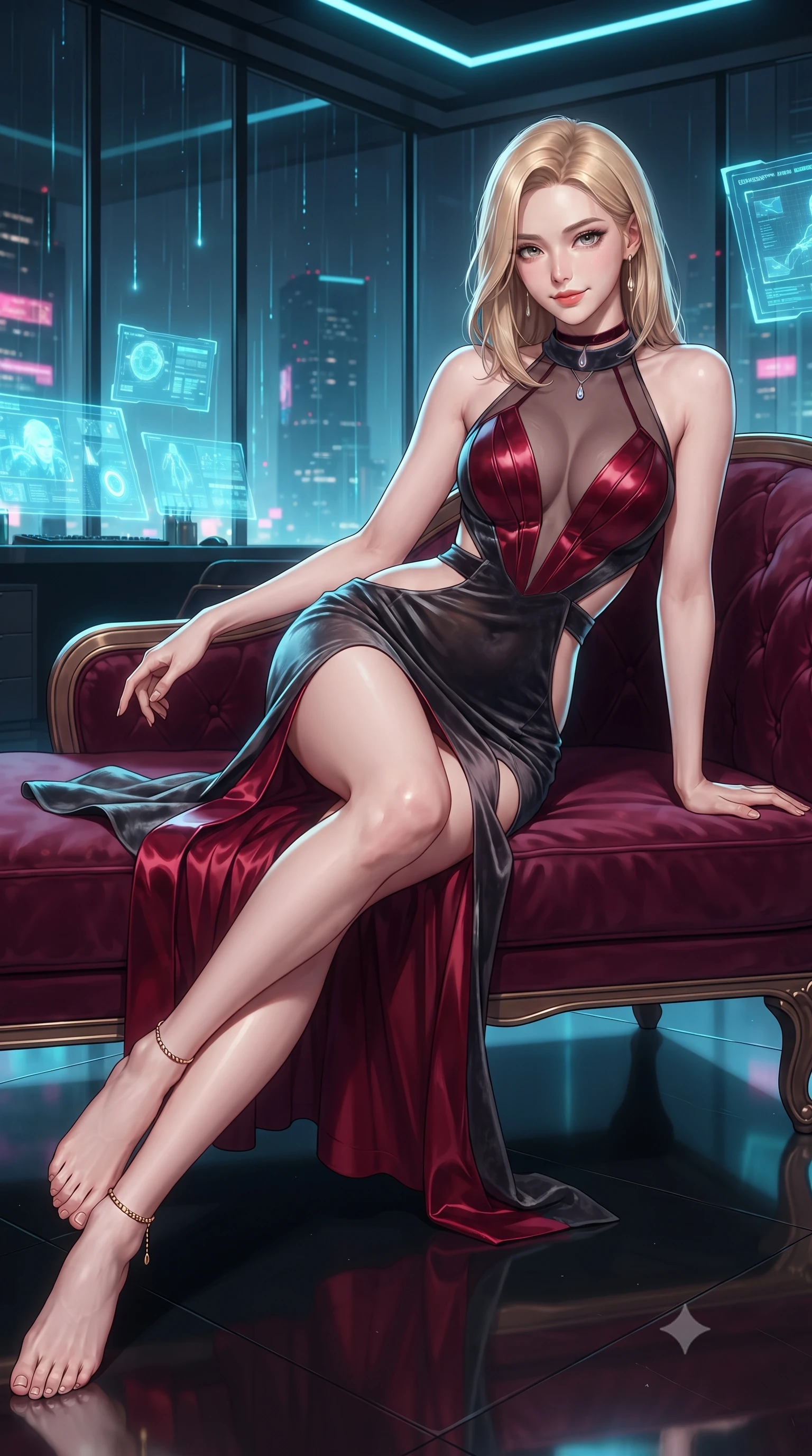 score_9, masterpiece, best quality, ultra-detailed, high-budget anime keyframe, editorial fashion photography, tasteful artistic composition, Korean woman. low angle full-body shot from head to toe showing her feet, filling the entire 9:16 vertical frame with her statuesque presence, stretching her vertical silhouette. reclining gracefully across the plush chaise lounge with one leg extended, her sculpted silhouette and flat midriff radiating magnetic nocturnal glamour while twisting her slender torso in an alluring contrapposto stance, glowing holographic surveillance screens and neon rain tracing her curves. The surrounding environment is rendered in vivid detail and crisp panoramic clarity: detailed plunging cowl-neck liquid satin slip cling, gold ankle chain shine, and industrial penthouse architecture in razor-sharp precision. She has an absolutely perfect, statuesque 8.5-heads proportion, an exceptionally tall and slender model-like female figure with impossibly long slender legs, an ultra-slim waist, a flat toned midriff, narrow delicate ribcage, and beautifully sculpted feminine hips creating a graceful, slim hourglass silhouette without any bulky heaviness. sharp v-shaped jawline, high-bridge nose, sparkling eyes with hypnotic seductive depth, thick curled eyelashes, glossy parted lips with a natural dewy peach sheen, alluring bedroom-eyes with an enchanting coquettish smile, exuding magnetic siren charisma and sophisticated glamour, flawlessly proportioned anatomical accuracy, strict slender model proportions, natural body alignment, perfectly sculpted long slender limbs, ultra-slim waistline, clean dynamic posture without body distortion. wearing a provocative high-neck sheer illusion cocktail dress with liquid satin ribbons contouring her curves in rich cherry lacquer and smoky charcoal, tailored from ultra-plush velvet with rich tactile depth and deep shadow gradients, finished with a thin velvet ribbon choker and a single teardrop diamond pendant, the precision-cut side openings and low-back scoop framing her graceful spine and the sensual sweep of her slim, toned hips. illuminated by polished floor reflections and sharp electric-cyan rim lights sculpting her razor-sharp jawline, narrow waist, and curvy hips. ultra-reflective glossy finish, specular highlights, rich textural contrasts, high-contrast stereoscopic depth, volumetric dynamic lighting, 2k, ultra detail, master piece, 9:16 ratio