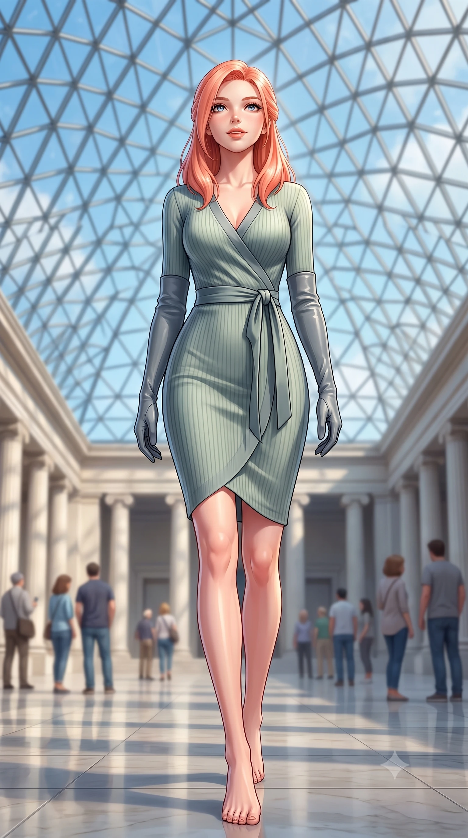 score_9, masterpiece, best quality, ultra-detailed, high-budget anime keyframe, semi-realistic 3D game render, editorial fashion photography, tasteful artistic composition, Japanese woman. low angle full-body shot from head to toe showing her feet, filling the entire 9:16 vertical frame with her statuesque presence, stretching her vertical silhouette. stepping forward in a confident stride, her long slender legs and curvaceous hips creating a dynamic, sweeping vertical line while standing poised beneath the monumental geodesic glass roof canopy, gazing upward with an inspired, breathtaking smile. The background shows a soft-focus triangular glass roof lattice patterns against blue autumn sky, neoclassical colonnades, and museum visitors blurred into alabaster, sky blue, and dove grey bokeh. She has an exceptionally tall and slender model-like 8.5-heads proportion, an ultra-slim waist, a flat toned midriff, narrow delicate ribcage, and beautifully sculpted feminine hips creating a graceful, slim hourglass silhouette without any bulky heaviness, with impossibly long slender legs. sharp v-shaped jawline, high-bridge nose, intricate jewel-like sparkling eyes with depth, thick eyelashes, glossy parted lips with a natural peach sheen, bright cheerful beaming smile with an enchanting and coquettish sensual glint, exuding both youthful cute charm and seductive allure, flawlessly proportioned anatomical accuracy, strict slender model proportions, natural body alignment, perfectly sculpted long slender limbs, ultra-slim waistline, clean dynamic posture without body distortion. wearing a form-fitting ribbed silk-cashmere wrap dress with a cinched sash belt framing her feminine hourglass proportions in misty Arashiyama bamboo green and slate grey, tailored from stretch wool crepe providing structured compression and razor-sharp bodycon lines, complemented by buttery leather opera gloves tracing her slender arms with sleek polish, the form-contouring silhouette accentuating her sculpted flat midriff, narrow delicate ribcage, and gracefully curvy hips with intoxicating allure. bathed in voluminous pure white zenithal daylight filtering through the vast geometric glass skylight canopy. highly saturated vibrant anime colors, detailed shading with soft gradients, rich glossy textures, high-contrast stereoscopic depth, volumetric dynamic lighting, master piece, 9:16 ratio