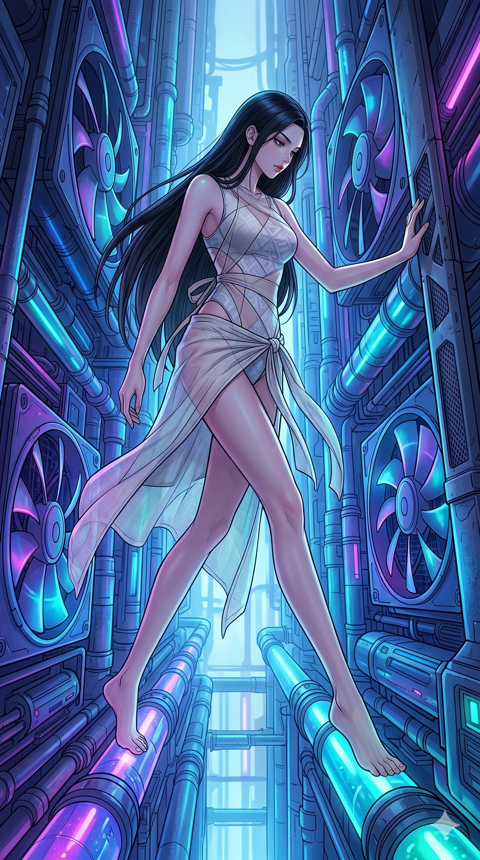 score_9, masterpiece, best quality, ultra-detailed, high-budget anime movie keyframe, cinematic anime lighting, intricate line art, Caucasian (strictly human ears) anime girl. Dynamic full-body shot stretching the vertical silhouette with extreme perspective. navigating a neon-lit labyrinth of data-pipes and cooling fans. She has an absolutely perfect 8-heads proportion, an exceptionally tall and slender female figure with an ultra-slim waist and impossibly long slender legs. strictly human anatomy, two legs only, no extra limbs, clearly defined legs and arms, perfect anatomy, perfect hands and fingers. sharp v-shaped jawline, high-bridge nose, intricate jewel-like eyes, thick eyelashes, glossy lips. Wearing Seasonal/Resort: High-cut one-piece with sarong, linen sundress with tie-back, and sheer fabric wrap. The scene is illuminated by dramatic atmospheric lighting and vibrant color palettes. , 2k, ultra detail, master piece, 9:16 ratio