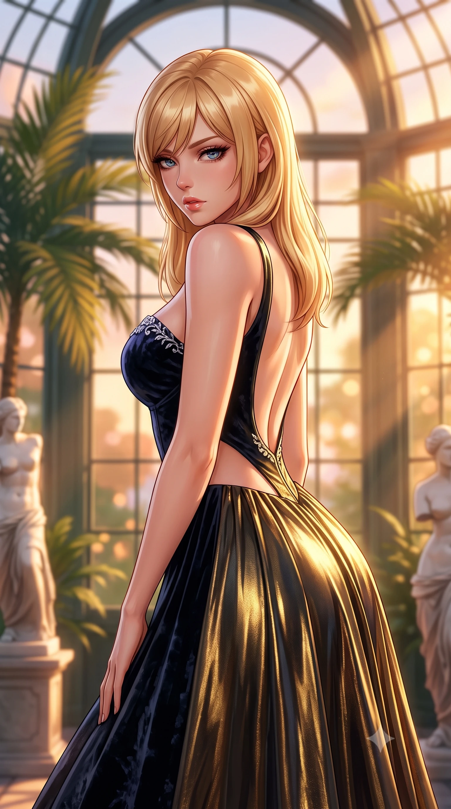 score_9, masterpiece, best quality, ultra-detailed, high-budget anime keyframe, semi-realistic 3D game render, editorial fashion photography, tasteful artistic composition, Caucasian woman. close-up cowboy shot from the waist and thighs up, the character dominates the composition, filling the frame with her large presence. leaning forward against the polished railing with her hips cocked back, creating an intoxicating curve from her narrow waist to sculpted hips as she gazes back into the lens while standing poised beneath soaring arched iron-and-glass windows, twisting her slender torso in an alluring contrapposto stance in the evening glow. The composition keeps background elements in soft focus with creamy bokeh. towering exotic palm fronds, marble classical statues, and leaded glass window grids blurred into warm apricot, jade, and gold bokeh. She has an exceptionally elegant, slender, and willowy female figure with an ultra-slim waist, flat toned midriff, narrow ribcage, and sculpted feminine hips creating an alluring, slim hourglass silhouette without bulk. sharp v-shaped jawline, high-bridge nose, intricate jewel-like eyes with depth, thick eyelashes, glossy parted lips with a natural sheen, intensely captivating and seductive bedroom-eyes expression, flawlessly proportioned anatomical accuracy, strict slender model proportions, natural body alignment, perfectly sculpted long slender limbs, ultra-slim waistline, clean dynamic posture without body distortion. wearing a deep sweetheart neckline crushed velvet corseted ballgown with an exposed midriff cutout in midnight obsidian black and liquid gold, crafted from luxurious metallic lamé that shifts radiance with every step, finished with delicate crystal frost embroidery tracing the plunging neckline, the dramatically scooped open back descending to the base of her spine, accentuating her razor-sharp statuesque lines and slim hourglass silhouette. bathed in dramatic golden hour sunset rays streaming through towering glasshouse arched windows. highly saturated vibrant anime colors, detailed shading with soft gradients, rich glossy textures, high-contrast stereoscopic depth, volumetric dynamic lighting, master piece, 9:16 ratio