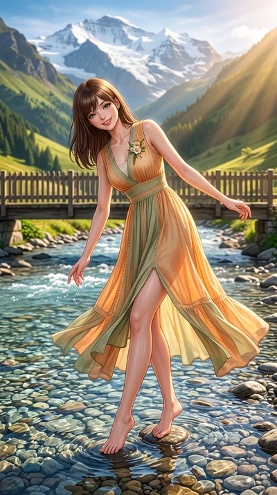 score_9, masterpiece, best quality, ultra-detailed, high-budget anime keyframe, semi-realistic 3D game render, editorial fashion photography, tasteful artistic composition, Korean woman. low angle full-body shot from head to toe showing her feet, fil