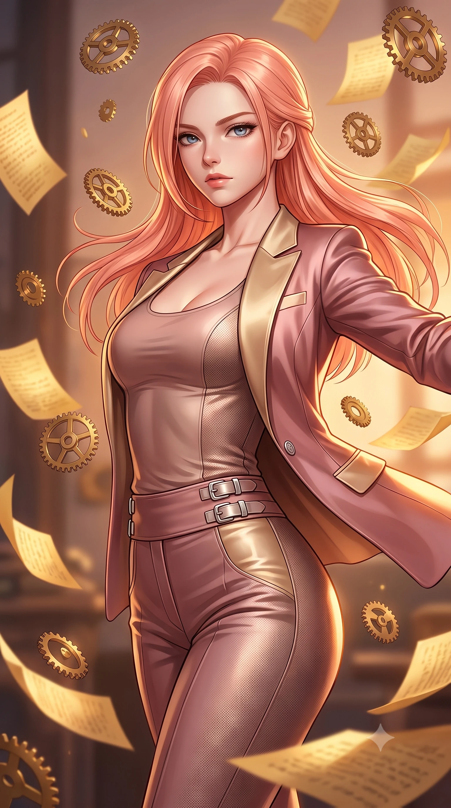 score_9, masterpiece, best quality, ultra-detailed, high-budget anime keyframe, editorial fashion photography, tasteful artistic composition, Japanese woman. close-up cowboy shot from the waist and thighs up, the character dominates the composition, filling the frame with her large presence, background elements kept in soft focus. Gazing past the lens with composed intensity as her torso curves dynamically in mid-motion while pivoting sharply with her torso tilted as brass gears rain around her in slow motion, golden paper manuscript pages fluttering around her in a dynamic tempest breeze. She has an exceptionally elegant, slender, and willowy female figure with an ultra-slim waist, a gracefully sculpted slender torso, and a refined silhouette. sharp v-shaped jawline, high-bridge nose, intricate jewel-like eyes with depth, thick eyelashes, glossy lips with a natural sheen, flawlessly proportioned anatomical accuracy, natural body alignment, perfectly sculpted elegant limbs, clean dynamic posture without body distortion. wearing a tailored silk blazer over a form-contouring scoop-neck top and slacks in dusty rose and champagne gold, made of fine carbon-fiber weave and soft matte leather, detailed with polished silver buckles along the waistline, the sleek second-skin texture accentuating her magnetic presence. bathed in warm twilight amber backlighting and rich metallic specular glow. highly saturated vibrant anime colors, detailed shading with soft gradients, rich glossy textures, high-contrast stereoscopic depth, volumetric dynamic lighting, master piece, 9:16 ratio