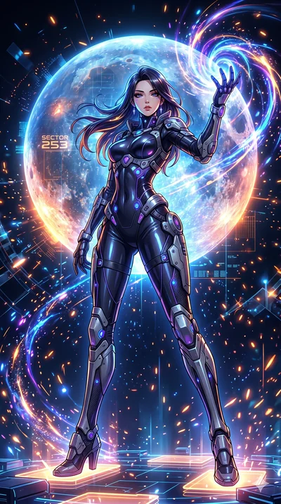 score_9, masterpiece, best quality, ultra-detailed, Set A: High-budget Anime Keyframe, Korean woman. Low angle cowboy shot filling the entire 9:16 frame with her statuesque presence. Casting a spell through a virtual reality void, with a massive holo