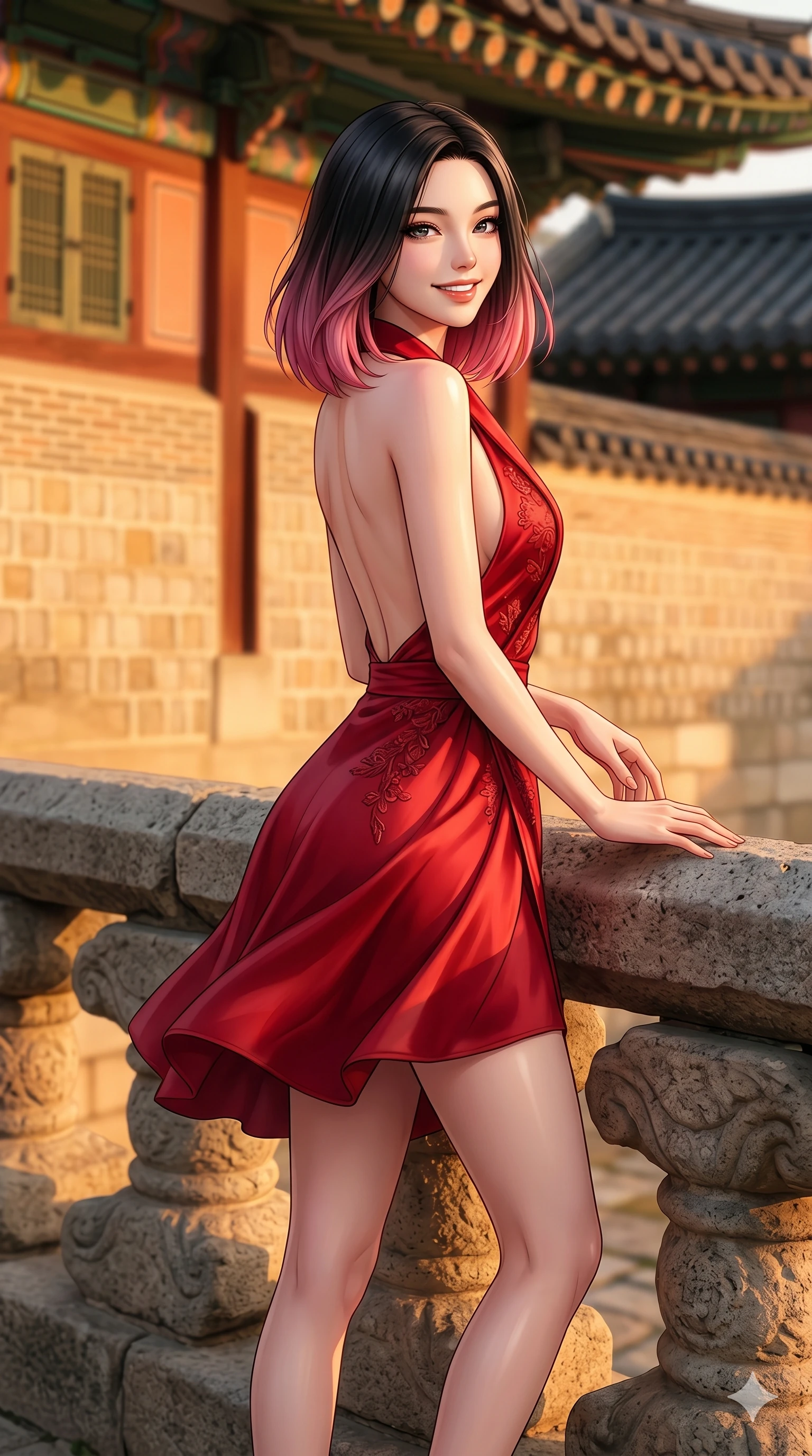 score_9, masterpiece, best quality, ultra-detailed, high-budget anime keyframe, editorial fashion photography, tasteful artistic composition, Korean woman. cowboy shot from the thighs up, character and outfit filling the frame for maximum editorial presence. looking back over her shoulder with a bright, confident smile leaning on a stone balustrade of a classic palace terrace. She has an absolutely perfect 8-heads proportion, an exceptionally tall and slender female figure with impossibly long slender legs and an ultra-slim waist. V-shaped jawline, high-bridge nose, intricate jewel-like eyes with depth, thick eyelashes, glossy lips with a natural sheen. wearing a red wrap dress with a deep plunging collar and an open-back design. bathed in warm golden hour light, with the stone palace walls glowing in the background. 2k, ultra detail, master piece, 9:16 ratio