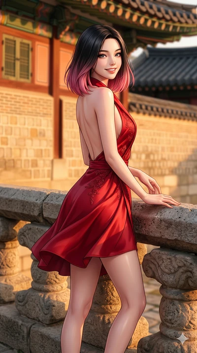 score_9, masterpiece, best quality, ultra-detailed, high-budget anime keyframe, editorial fashion photography, tasteful artistic composition, Korean woman. cowboy shot from the thighs up, character and outfit filling the frame for maximum editorial p