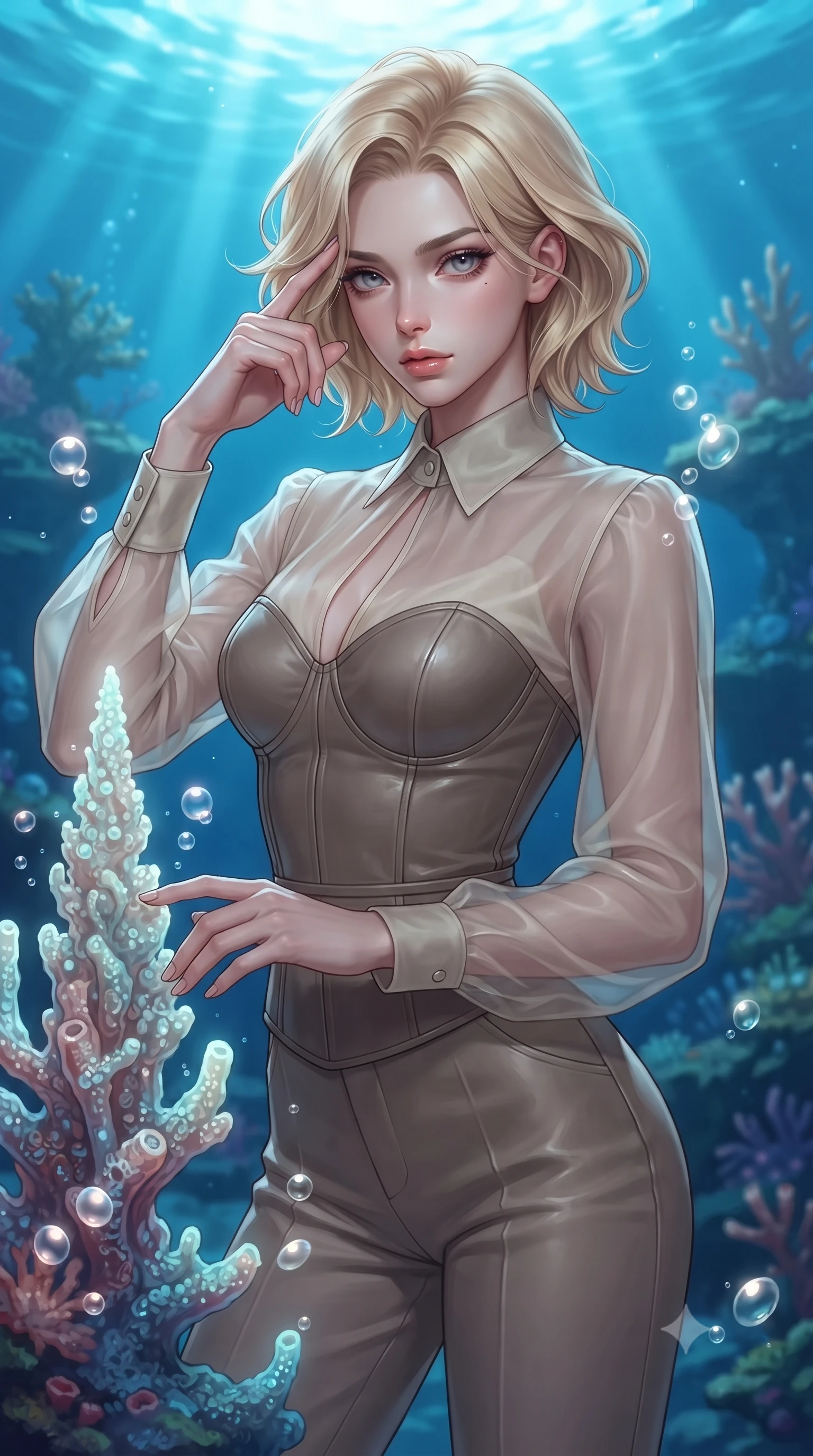 score_9, masterpiece, best quality, ultra-detailed, high-budget anime keyframe, editorial fashion photography, tasteful artistic composition, Caucasian woman. close-up cowboy shot from the waist and thighs up, the character dominates the composition, filling the frame with her large presence, background elements kept in soft focus. Pressing two fingers to her temple in a composed thoughtful gesture with an air of magnetic charisma touching a bioluminescent coral spire in a sun-drenched underwater cathedral, rising bioluminescent bubbles casting soft pearl-like highlights. She has an exceptionally elegant, slender, and willowy female figure with an ultra-slim waist, a gracefully sculpted slender torso, and a refined silhouette. sharp v-shaped jawline, high-bridge nose, intricate jewel-like eyes with depth, thick eyelashes, glossy lips with a natural sheen. wearing a tailored leather bustier over a sheer silk chiffon blouse in muted taupe and soft ivory, woven from fine semi-opaque sheer organza, accented with a Tasteful chest slit framing her clavicle gracefully, the sleek second-skin texture accentuating her magnetic presence. lit by clear sun-drenched sea light with soft ethereal shadows. highly saturated vibrant anime colors, detailed shading with soft gradients, rich glossy textures, high-contrast stereoscopic depth, volumetric dynamic lighting, master piece, 9:16 ratio
