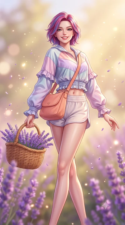 score_9, masterpiece, best quality, ultra-detailed, high-budget anime keyframe, semi-realistic 3D game render, editorial fashion photography, tasteful artistic composition, Caucasian woman. low angle full-body shot from head to toe showing her feet, 