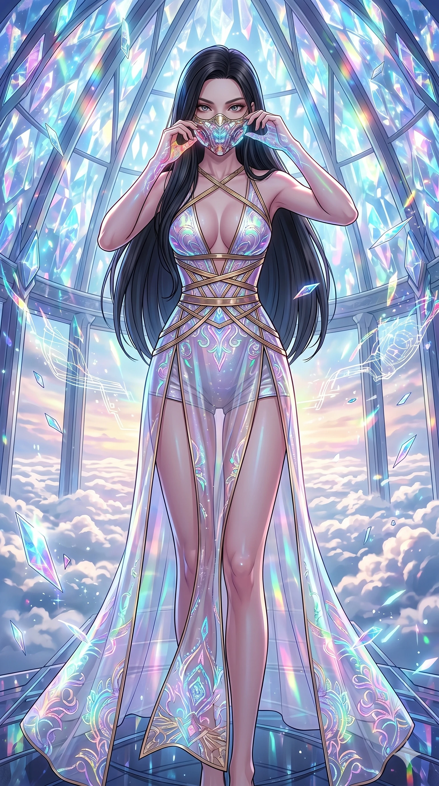 score_9, masterpiece, best quality, ultra-detailed, high-budget anime movie keyframe, cinematic anime lighting, intricate line art, Japanese woman. Low angle cowboy shot filling the entire 9:16 frame with her statuesque presence. adjusting a glowing mask in a crystal palace above the clouds surrounded by floating data-shards. She has an absolutely perfect 8-heads proportion, an exceptionally tall and slender female figure with an ultra-slim waist and impossibly long slender legs. sharp v-shaped jawline, high-bridge nose, intricate jewel-like eyes, thick eyelashes, glossy lips. Wearing modernized deep-plunging silk hanbok-fusion with metallic straps, a high-slit sheer skirt over micro-shorts, and holographic embroidered patterns. The scene is illuminated by dramatic atmospheric lighting and vibrant color palettes. , 2k, ultra detail, master piece, 9:16 ratio