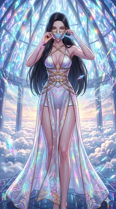 score_9, masterpiece, best quality, ultra-detailed, high-budget anime movie keyframe, cinematic anime lighting, intricate line art, Japanese woman. Low angle cowboy shot filling the entire 9:16 frame with her statuesque presence. adjusting a glowing 