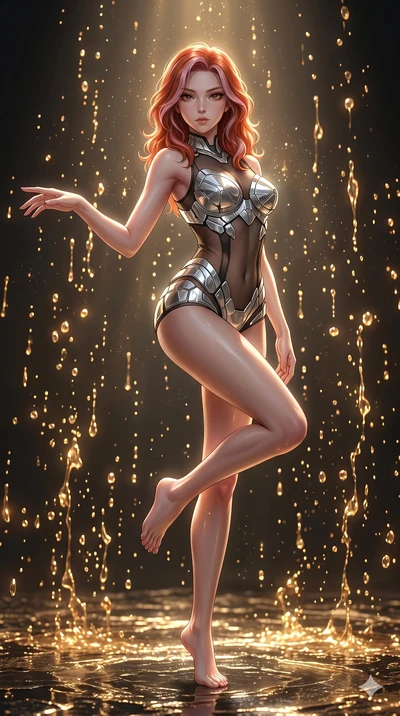 score_9, masterpiece, best quality, ultra-detailed, high-budget anime keyframe, Korean woman. low angle full-body shot filling the entire 9:16 frame with her statuesque presence, stretching the vertical silhouette. dodging ethereal liquid gold rain t