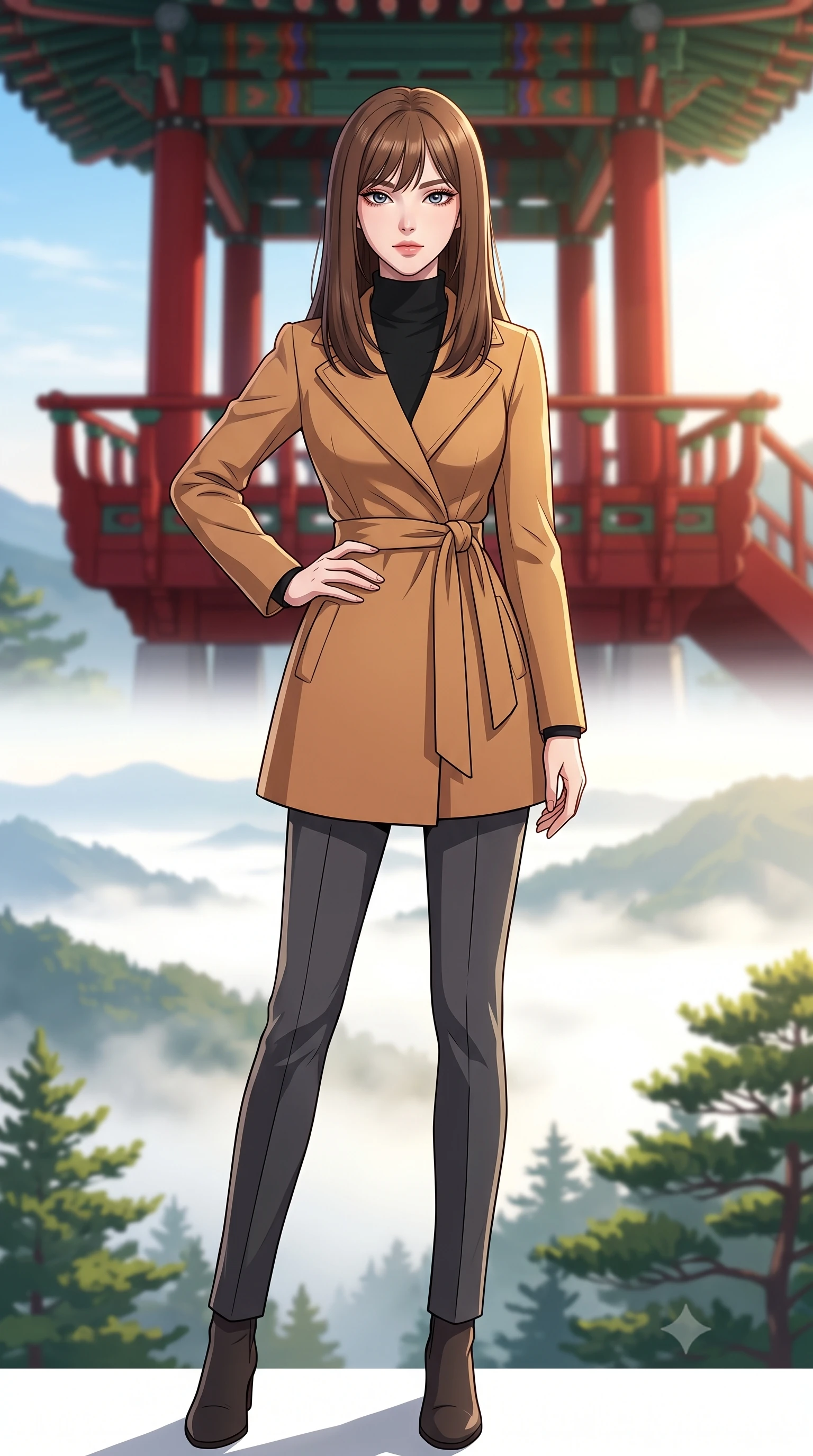 score_9, masterpiece, best quality, ultra-detailed, high-budget anime keyframe, tasteful artistic composition, Korean woman. low angle full-body shot from head to toe showing her feet, filling the entire 9:16 vertical frame with her statuesque presence, stretching her vertical silhouette. posing confidently with one hand on her hip, stretching her statuesque body to emphasize her curves the background shows a soft-focus a red lacquered pavilion overlooking a misty mountain valley at sunrise. She has an absolutely perfect, statuesque 8.5-heads proportion, an exceptionally tall and slender model-like female figure with impossibly long slender legs and an ultra-slim waist. sharp v-shaped jawline, high-bridge nose, intricate jewel-like eyes with depth, thick eyelashes, glossy lips with a natural sheen. wearing a body-hugging warm camel-colored wrap coat over a black turtleneck sweater and charcoal slacks. bright morning sun highlighting the white fog and green pine trees. highly saturated vibrant anime colors, cel-shading, 2d style, master piece, 9:16 ratio