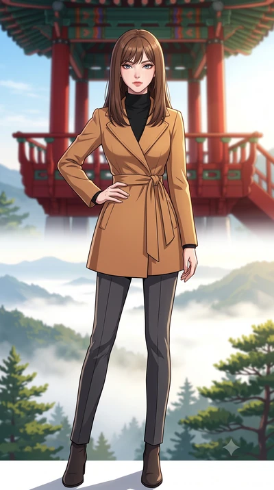 score_9, masterpiece, best quality, ultra-detailed, high-budget anime keyframe, tasteful artistic composition, Korean woman. low angle full-body shot from head to toe showing her feet, filling the entire 9:16 vertical frame with her statuesque presen