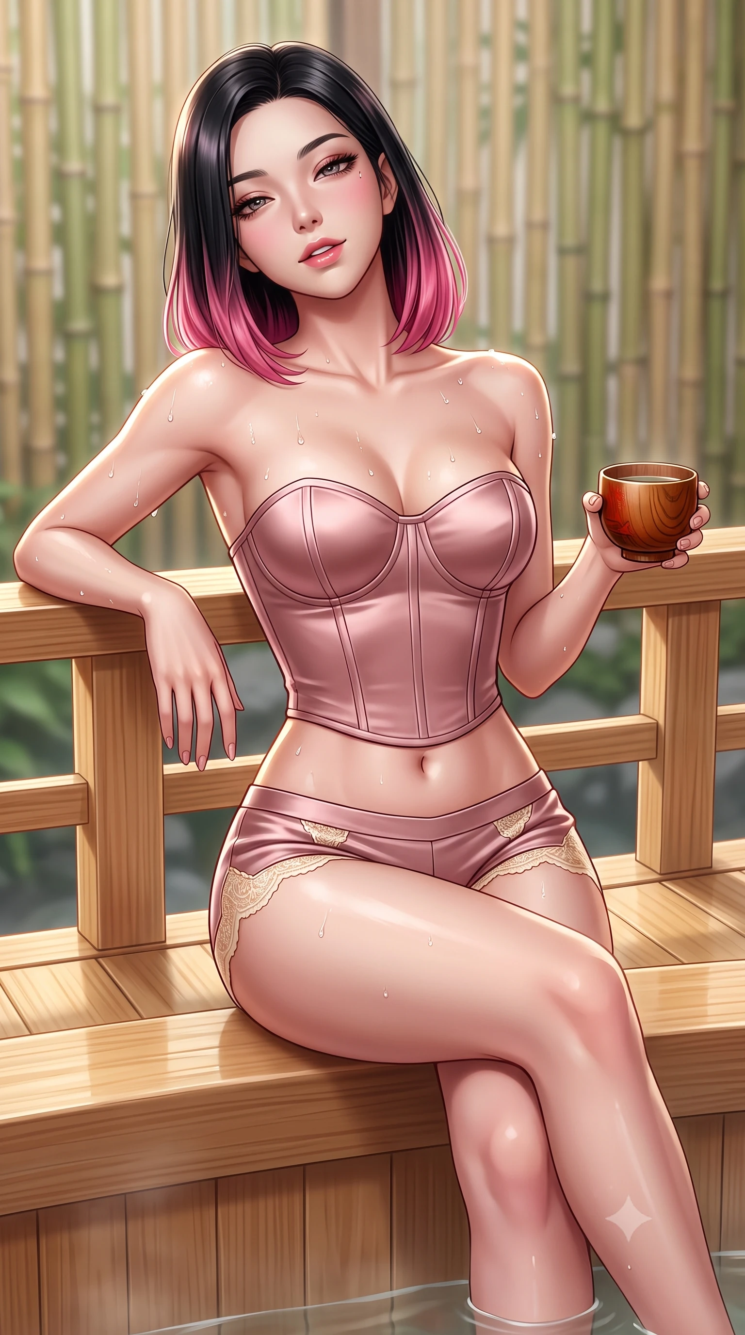 score_9, masterpiece, best quality, ultra-detailed, high-budget anime keyframe, semi-realistic 3D game render, editorial fashion photography, tasteful artistic composition, Korean woman. close-up cowboy shot from the waist and thighs up, the character dominates the composition, filling the frame with her large presence. leaning back against the balustrade with relaxed seductive grace, head tilted back slightly while casting a hypnotic, heavy-lidded gaze while sitting perched on the wide hinoki wood rim with legs crossed, holding a lacquered wooden sake cup with an enchanting, parted-lip smile. The background shows a soft-focus minimalist bamboo privacy lattice softened in haute Japanese luxury shallow focus. She has an exceptionally elegant, slender, and willowy female figure with an ultra-slim waist, flat toned midriff, narrow ribcage, and sculpted feminine hips creating an alluring, slim hourglass silhouette without bulk. sharp v-shaped jawline, high-bridge nose, sparkling eyes with hypnotic seductive depth, thick curled eyelashes, glossy parted lips with a natural dewy peach sheen, alluring bedroom-eyes with an enchanting coquettish smile, exuding magnetic siren charisma and sophisticated glamour, flawlessly proportioned anatomical accuracy, strict slender model proportions, natural body alignment, perfectly sculpted long slender limbs, ultra-slim waistline, clean dynamic posture without body distortion. wearing a strapless boned satin corset bodice paired with low-waisted tailored satin hot-pants in dusky blush pink and warm ivory lace, tailored from fine structural neoprene with crisp architectural edges and smooth contouring, finished with glistening drops of hot spring water beading across her sculpted shoulders and collarbones, the high-slit wrap tailoring accentuating her ultra-slim waistline and the enchanting curve of her feminine hips with alluring seductive charm. illuminated by wet glass reflections and sharp champagne-gold rim lights defining her delicate clavicles, ultra-slim waist, and curvy hips. highly saturated vibrant anime colors, detailed shading with soft gradients, rich glossy textures, high-contrast stereoscopic depth, volumetric dynamic lighting, master piece, 9:16 ratio