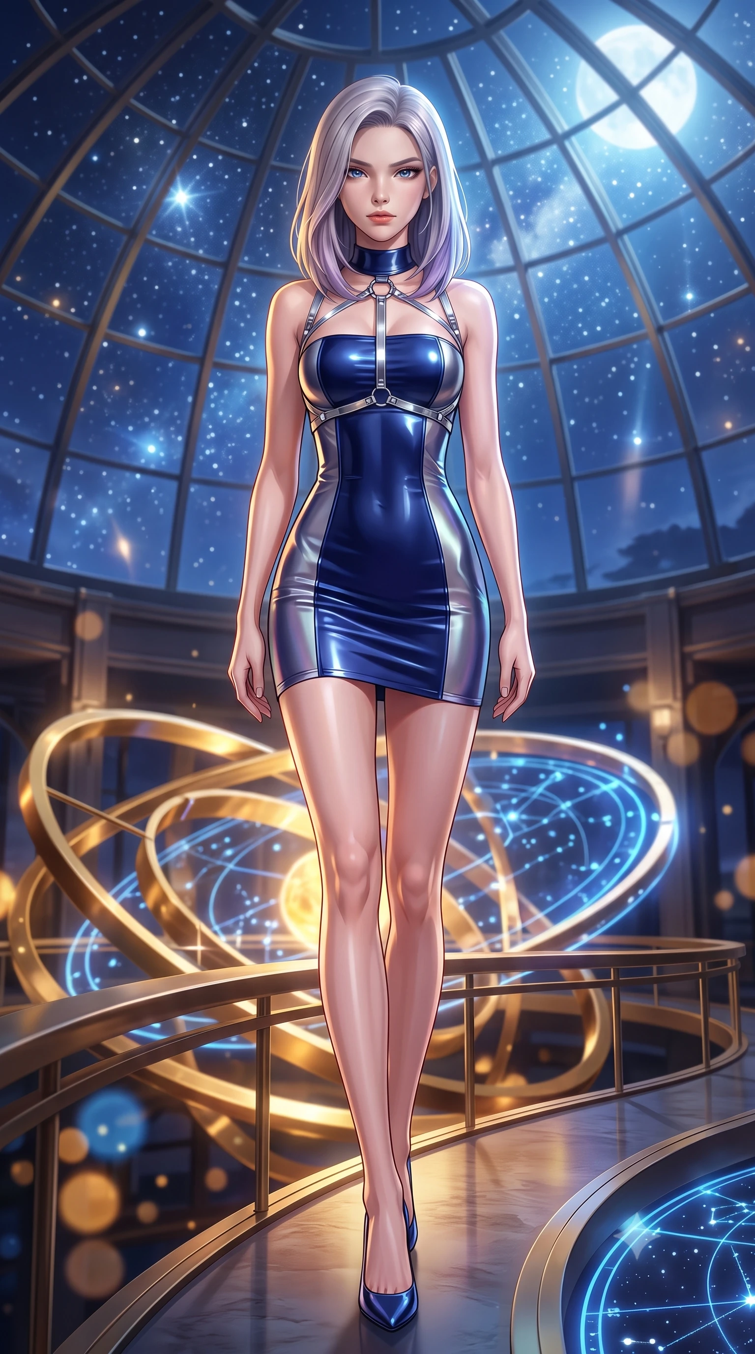 score_9, masterpiece, best quality, ultra-detailed, high-budget anime keyframe, semi-realistic 3D game render, editorial fashion photography, tasteful artistic composition, Caucasian woman. low angle full-body shot from head to toe showing her feet, filling the entire 9:16 vertical frame with her statuesque presence, stretching her vertical silhouette. striding forward in a proud, statuesque motion with a dangerous smolder, her vertical silhouette dominating the frame from head to toe while stepping along a curved mezzanine walkway under a soaring glass dome catching brilliant starlight and moonlight. The composition keeps background elements in soft focus with creamy bokeh. rotating golden astrolabe rings and glowing blue star charts blurred into rich amber and sapphire bokeh. She has an absolutely perfect, statuesque 8.5-heads proportion, an exceptionally tall and slender model-like female figure with impossibly long slender legs, a toned flat midriff, and an ultra-slim waist. sharp v-shaped jawline, high-bridge nose, intricate jewel-like eyes with depth, thick eyelashes, glossy lips with a natural sheen, flawlessly proportioned anatomical accuracy, strict slender model proportions, natural body alignment, perfectly sculpted long slender limbs, ultra-slim waistline, clean dynamic posture without body distortion. wearing a second-skin fashion-latex mini dress with a clean architectural front, featuring an open-back design that wraps around the sides of her waist, showcasing her slender silhouette in deep royal navy blue and specular chrome, made of smooth iridescent silk chiffon that shifts colors with movement, reinforced by a sleek metallic chrome harness and delicate glowing micro-straps, the glove-like aerodynamic second-skin fit tightly clinging to her ultra-slender waist and athletic curves without adding bulk, accentuating her razor-sharp statuesque lines and slim hourglass silhouette. bathed in warm golden brass reflections and radiant sapphire starlight ambient fill. highly saturated vibrant anime colors, detailed shading with soft gradients, rich glossy textures, high-contrast stereoscopic depth, volumetric dynamic lighting, master piece, 9:16 ratio