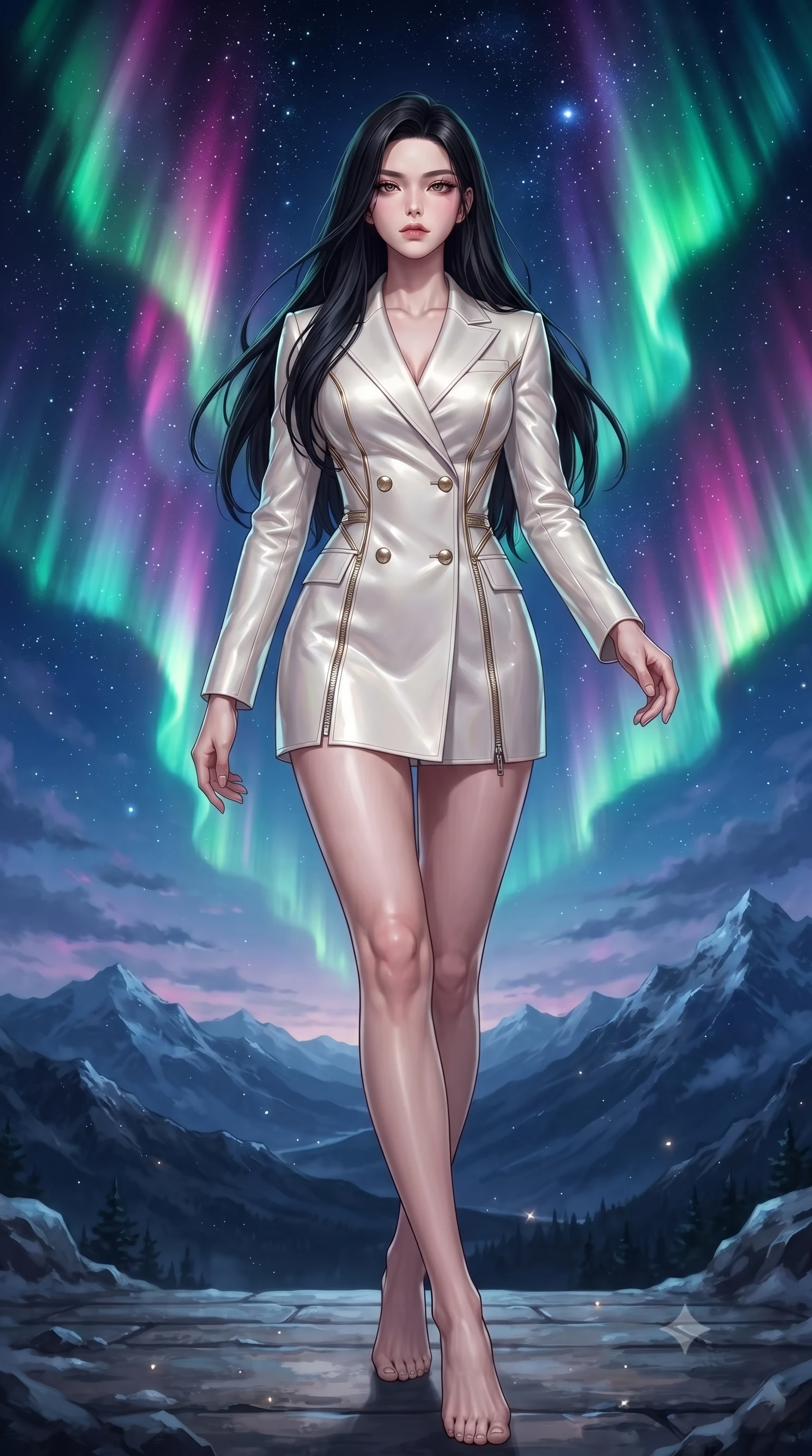 score_9, masterpiece, best quality, ultra-detailed, high-budget anime keyframe, editorial fashion photography, tasteful artistic composition, Korean woman. low angle full-body shot from head to toe showing her feet, filling the entire 9:16 vertical frame with her statuesque presence, stretching her vertical silhouette. navigating the celestial sanctuary with an effortless, graceful stride, standing on a mountain terrace as green and violet aurora ribbons dance overhead, emerald green, magenta, and violet aurora light cascading across the night sky. She has an absolutely perfect, statuesque 8.5-heads proportion, an exceptionally tall and slender model-like female figure with impossibly long slender legs and an ultra-slim waist. sharp v-shaped jawline, high-bridge nose, intricate jewel-like eyes with depth, thick eyelashes, glossy lips with a natural sheen. wearing tailored double-breasted opal white blazer dress in glowing ivory, made of high-gloss liquid pearl vinyl, finished with metallic gold boning and sleek zipper points, sculpting her athletic slender build with refined precision. bathed in cold silver starlight and vibrant polar light reflections. ultra-reflective glossy finish, specular highlights, metallic sheen, high-contrast stereoscopic depth, volumetric dynamic lighting, 2k, ultra detail, master piece, 9:16 ratio
