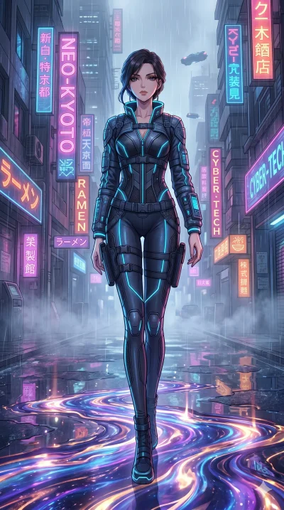 score_9, score_8_up, score_7_up, source_anime, masterpiece, best quality, ultra-detailed, same character with dark hair, wearing cyberpunk techwear with neon blue accents and tight-fit leggings, standing on a rainy street in Neo-Tokyo, colorful neon 