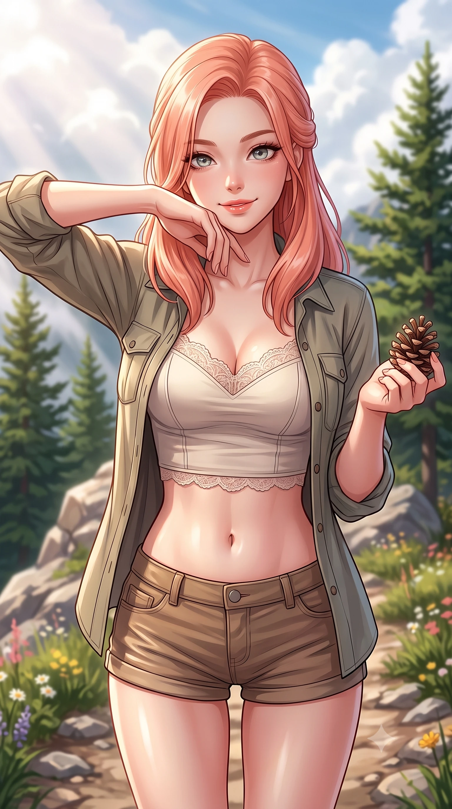 score_9, masterpiece, best quality, ultra-detailed, high-budget anime keyframe, editorial fashion photography, tasteful artistic composition, Japanese woman. close-up cowboy shot from the waist and thighs up, the character dominates the composition, filling the frame with her large presence, background elements kept in soft focus. smiling cutely while resting her chin on her hand, looking directly into the lens set against a soft-focus background of on a rocky ridge path with green pine trees and wildflowers holding a small pinecone in her hand with a cute, playful smile. She has an exceptionally elegant, slender, and willowy female figure with an ultra-slim waist, a gracefully sculpted slender torso, and a refined silhouette. sharp v-shaped jawline, high-bridge nose, intricate jewel-like eyes with depth, thick eyelashes, glossy lips with a natural sheen. wearing tailored delicate lace-accented crop top under an open utility shirt, paired with micro-shorts. soft afternoon sunbeams filtering through passing white mountain clouds. highly saturated vibrant anime colors, detailed shading with soft gradients, rich glossy textures, high-contrast stereoscopic depth, volumetric dynamic lighting, master piece, 9:16 ratio