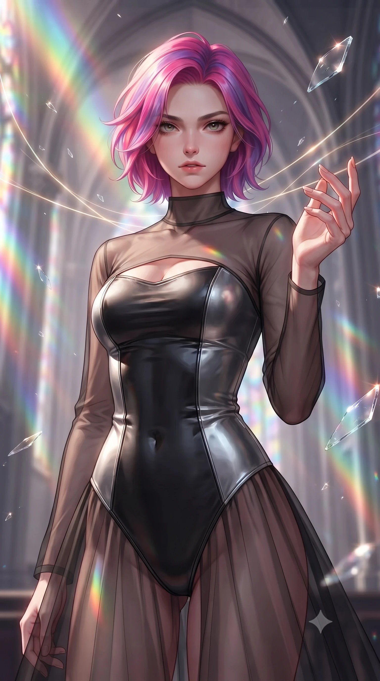 score_9, masterpiece, best quality, ultra-detailed, high-budget anime keyframe, editorial fashion photography, tasteful artistic composition, Caucasian woman. close-up cowboy shot from the waist and thighs up, the character dominates the composition, filling the frame with her large presence, background elements kept in soft focus. Reaching one hand gracefully toward the viewer with effortless superiority and allure guiding glowing choir light threads weaving through majestic vaulted arches, shattered glass shards catching bright specular highlights in mid-air. She has an exceptionally elegant, slender, and willowy female figure with an ultra-slim waist, a gracefully sculpted slender torso, and a refined silhouette. sharp v-shaped jawline, high-bridge nose, intricate jewel-like eyes with depth, thick eyelashes, glossy lips with a natural sheen. wearing a semi-opaque sheer overlay dress over a leather micro-bodysuit in matte black and polished silver, tailored from high-gloss patent leather, accented with a Tasteful chest slit framing her clavicle gracefully, the form-contouring material highlighting her ultra-slim waist and long lines. bathed in cascading rainbow prismatic light refracting through stained glass. highly saturated vibrant anime colors, detailed shading with soft gradients, rich glossy textures, high-contrast stereoscopic depth, volumetric dynamic lighting, master piece, 9:16 ratio