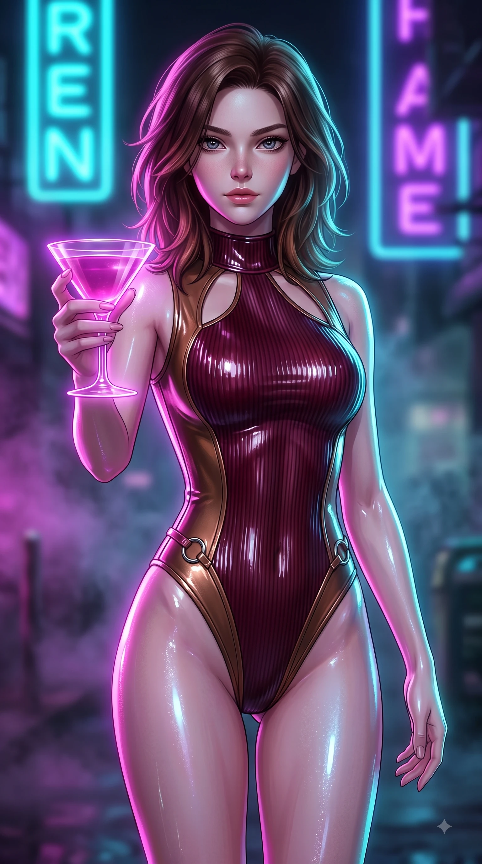 score_9, masterpiece, best quality, ultra-detailed, high-budget anime keyframe, editorial fashion photography, tasteful artistic composition, Korean woman. close-up cowboy shot from the waist and thighs up, the character dominates the composition, filling the frame with her large presence, background elements kept in soft focus. Reaching one arm gracefully toward the camera with magnetic poise, displaying her statuesque silhouette while holding a glowing translucent cocktail glass under vibrant cyan and purple neon signs at night, soft urban mist scattering vibrant magenta and cyan neon rim light around her silhouette. She has an exceptionally elegant, slender, and willowy female figure with an ultra-slim waist, a gracefully sculpted slender torso, and a refined silhouette. sharp v-shaped jawline, high-bridge nose, intricate jewel-like eyes with depth, thick eyelashes, glossy lips with a natural sheen, flawlessly proportioned anatomical accuracy, natural body alignment, perfectly sculpted elegant limbs, clean dynamic posture without body distortion. wearing a form-fitting ribbed activewear set with elegant collar cutouts in deep burgundy and bronze, tailored from high-gloss patent leather, accented with delicate chrome ring hardware framing her waist, the sleek second-skin texture accentuating her magnetic presence. drenched in wet neon reflections with brilliant specular highlights on her silhouette. ultra-reflective glossy finish, specular highlights, metallic sheen, high-contrast stereoscopic depth, volumetric dynamic lighting, 2k, ultra detail, master piece, 9:16 ratio