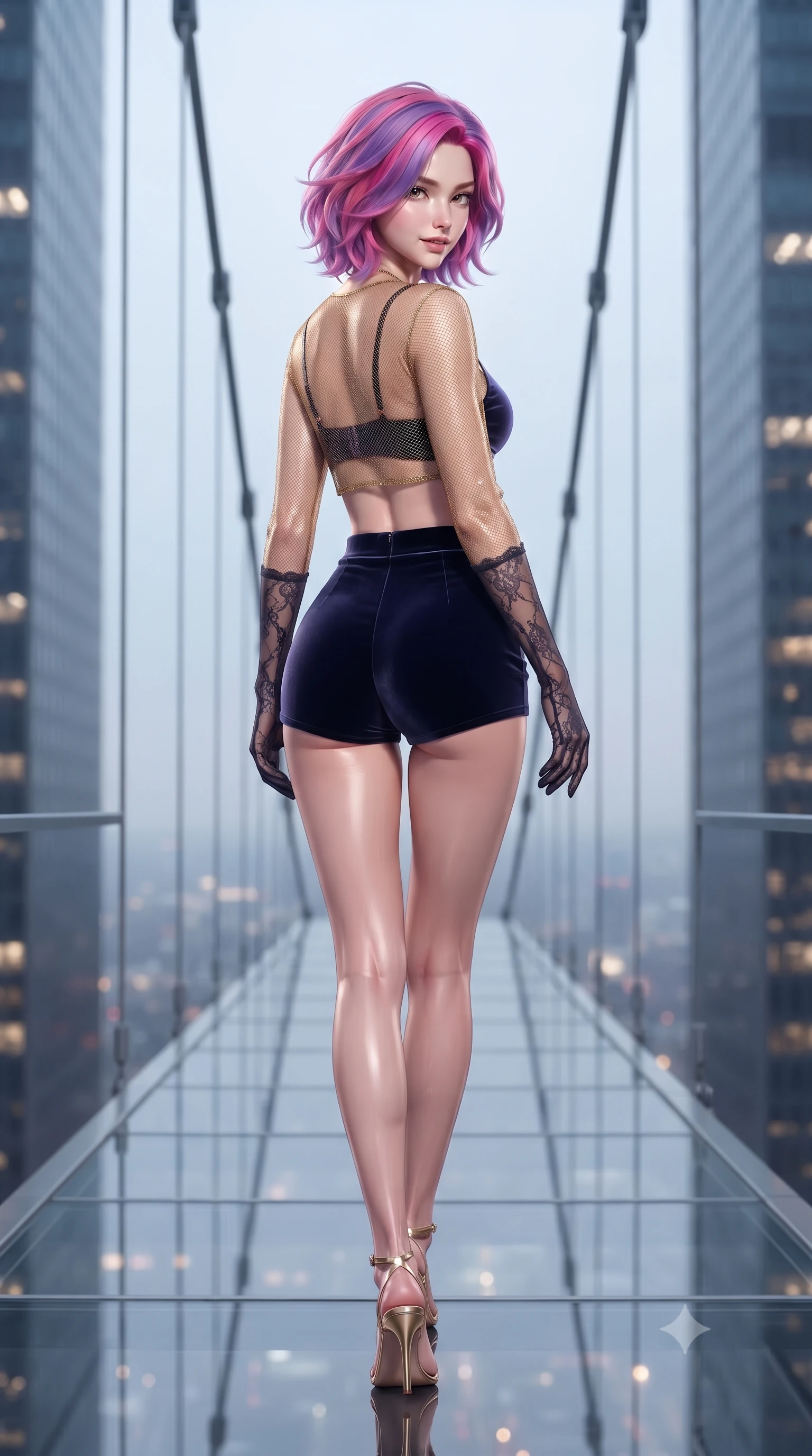 score_9, masterpiece, best quality, ultra-detailed, high-budget anime keyframe, editorial fashion photography, tasteful artistic composition, Caucasian woman. low angle full-body shot from head to toe showing her feet, filling the entire 9:16 vertical frame with her statuesque presence, stretching her vertical silhouette. walking along the terrace with poise, looking back over her bare shoulder with an irresistible smoldering bedroom-gaze while standing centered on the suspended glass skybridge connecting two mega-skyscrapers, arching her back with breathtaking statuesque presence. The background shows a soft-focus suspended cable truss supports softened in high-altitude architectural shallow focus. She has an absolutely perfect, statuesque 8.5-heads proportion, an exceptionally tall and slender model-like female figure with impossibly long slender legs, an ultra-slim waist, a flat toned midriff, narrow delicate ribcage, and beautifully sculpted feminine hips creating a graceful, slim hourglass silhouette without any bulky heaviness. sharp v-shaped jawline, high-bridge nose, sparkling eyes with hypnotic seductive depth, thick curled eyelashes, glossy parted lips with a natural dewy peach sheen, alluring bedroom-eyes with an enchanting coquettish smile, exuding magnetic siren charisma and sophisticated glamour, flawlessly proportioned anatomical accuracy, strict slender model proportions, natural body alignment, perfectly sculpted long slender limbs, ultra-slim waistline, clean dynamic posture without body distortion. wearing a delicate sheer mesh long-sleeve crop top layered over an opaque strappy tactical micro-bralette and tight shorts in molten liquid gold and midnight indigo, tailored from ultra-plush velvet with rich tactile depth and deep shadow gradients, complemented by sheer opera-length lace evening gloves tracing her slender arms, the second-skin tailored fabric adhering flawlessly to her sculpted flat midriff and slender torso, emphasizing her long leg lines and perfectly proportioned willowy build. illuminated by exterior lightning flash bounce and sharp platinum rim lights sculpting her delicate clavicles, narrow waist, and curvy hips. ultra-reflective glossy finish, specular highlights, rich textural contrasts, high-contrast stereoscopic depth, volumetric dynamic lighting, 2k, ultra detail, master piece, 9:16 ratio
