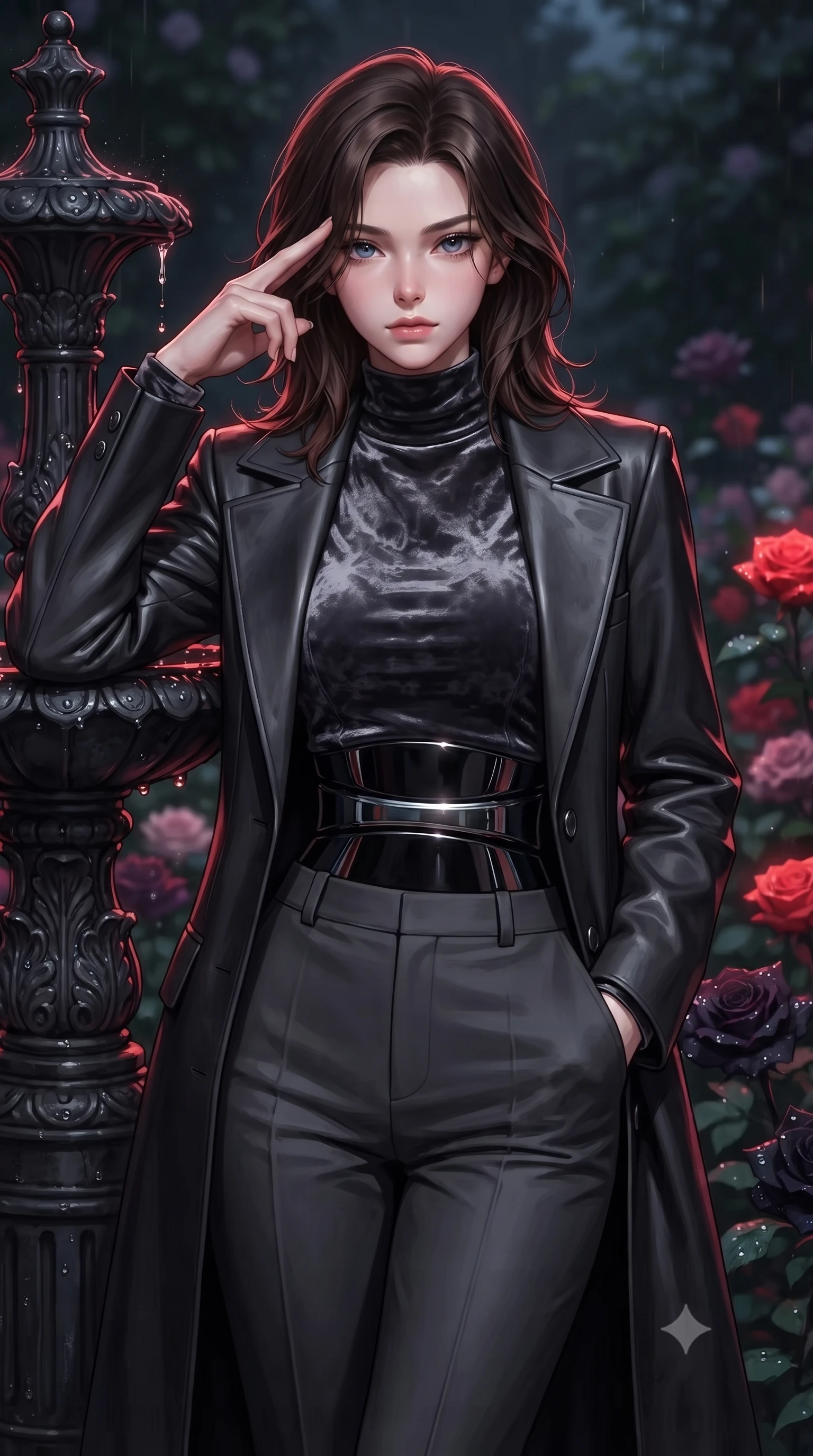 score_9, masterpiece, best quality, ultra-detailed, high-budget anime keyframe, editorial fashion photography, tasteful artistic composition, Korean woman. close-up cowboy shot from the waist and thighs up, the character dominates the composition, filling the frame with her large presence, background elements kept in soft focus. Pressing two fingers to her temple in a composed, sharp thoughtful gesture, resting against a dark iron fountain surrounded by blooming midnight flora, dark velvet rose petals covered in rain dewdrops glinting in moonlight. She has an exceptionally elegant, slender, and willowy female figure with an ultra-slim waist, a gracefully sculpted slender torso, and a refined silhouette. sharp v-shaped jawline, high-bridge nose, intricate jewel-like eyes with depth, thick eyelashes, glossy lips with a natural sheen. wearing structured dark leather long coat over turtleneck and tailored slacks in dark charcoal gray, made of crushed dark silk velvet, accented with sculpted obsidian chrome rings at the waist, the fitted fabric emphasizing her ultra-slim waist. bathed in eerie red rose bioluminescence and deep pitch-black shadows. ultra-reflective glossy finish, specular highlights, metallic sheen, high-contrast stereoscopic depth, volumetric dynamic lighting, 2k, ultra detail, master piece, 9:16 ratio