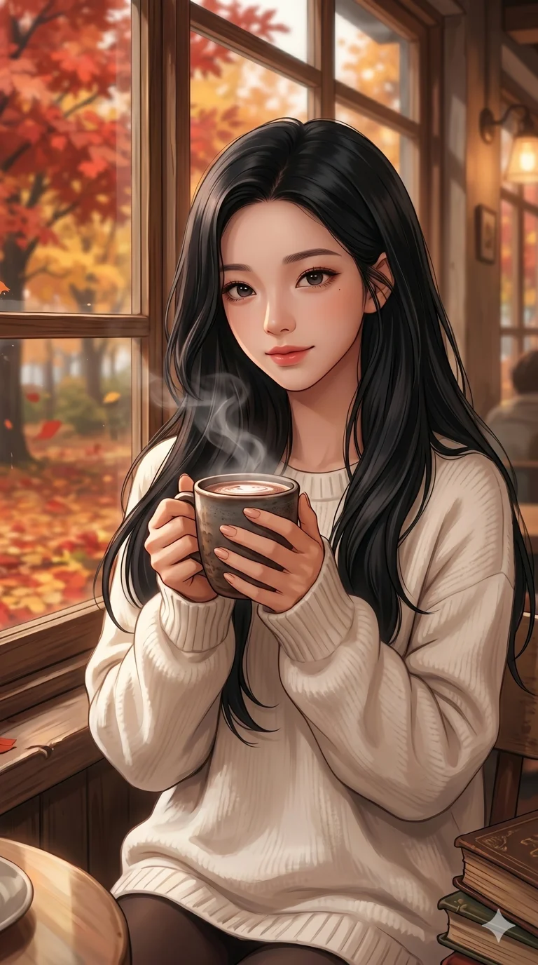 score_9, score_8_up, score_7_up, source_anime, masterpiece, best quality, ultra-detailed, same character with long flowing black hair, wearing a white oversized sweater, upper body close-up from thigh up filling the screen, cupping a warm mug of hot chocolate with both hands, steam rising, cozy cafe window background with autumn leaves outside, 2k, 9:16 ratio