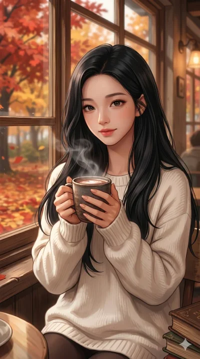 score_9, score_8_up, score_7_up, source_anime, masterpiece, best quality, ultra-detailed, same character with long flowing black hair, wearing a white oversized sweater, upper body close-up from thigh up filling the screen, cupping a warm mug of hot 