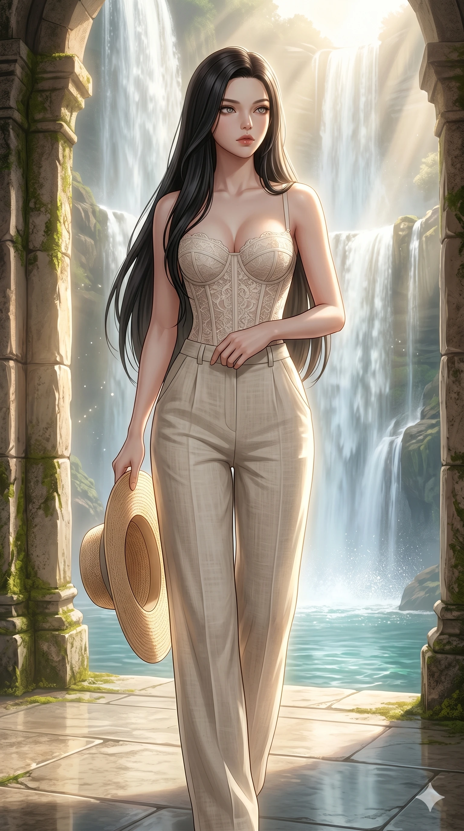 score_9, masterpiece, best quality, ultra-detailed, high-budget anime keyframe, editorial fashion photography, tasteful artistic composition, Korean woman. cowboy shot from the thighs up, character and outfit filling the frame for maximum editorial presence. holding a sun hat, looking past the camera with a focused expression in a stone sanctuary overlooking a bright, sun-kissed waterfall cascade (Code-P19-176). She has an absolutely perfect 8-heads proportion, an exceptionally tall and slender female figure with impossibly long slender legs and an ultra-slim waist. V-shaped jawline, high-bridge nose, intricate jewel-like eyes with depth, thick eyelashes, glossy lips with a natural sheen. wearing a structured lace corset with sweetheart neckline showing cleavage. soft morning sunbeams filtering through the mist, creating a soft glowing aura. 2k, ultra detail, master piece, 9:16 ratio