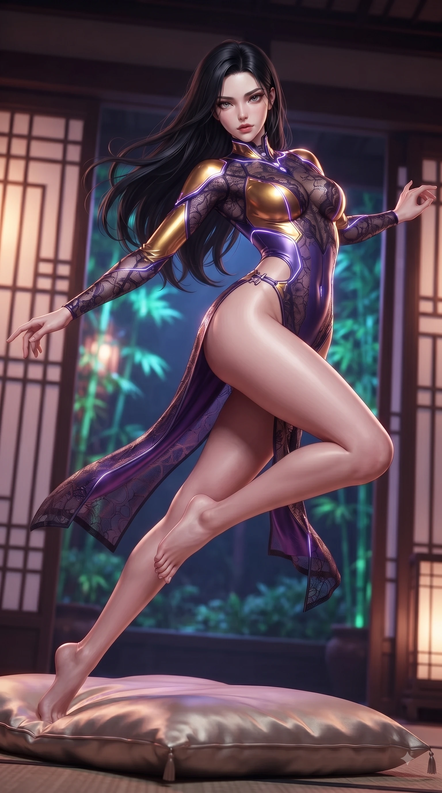 score_9, masterpiece, best quality, ultra-detailed, high-budget anime keyframe, editorial fashion photography, tasteful artistic composition, Korean woman. low angle full-body shot from head to toe showing her feet, filling the entire 9:16 vertical frame with her statuesque presence, stretching her vertical silhouette. performing an alluring mid-air vault with flawless poise, looking directly into the camera with smoldering intensity while resting on a low silk cushion in a cyber-fusion pavilion with an alluring, direct stare. The composition keeps background elements in soft focus with creamy bokeh. traditional lattice screens and neon-lit garden bamboo softened by shallow depth of field. She has an absolutely perfect, statuesque 8.5-heads proportion, an exceptionally tall and slender model-like female figure with impossibly long slender legs and an ultra-slim waist. sharp v-shaped jawline, high-bridge nose, intricate jewel-like eyes with depth, thick eyelashes, glossy lips with a natural sheen, flawlessly proportioned anatomical accuracy, natural body alignment, perfectly sculpted elegant limbs, clean dynamic posture without body distortion. wearing a skin-tight cybernetic bodysuit with glowing neon seams, deep hip cutouts, and an aerodynamic athletic fit in lustrous molten gold and pure deep violet, crafted from delicate dark lace interwoven with luminescent micro-fibers, finished with an ultra-high side slit secured by miniature magnetic clasps, the liquid-tight fabric adhering flawlessly to her sculpted torso and slender silhouette. surrounded by an intimate, exotic, and captivatingly sensual oriental cyber atmosphere. ultra-reflective glossy finish, specular highlights, metallic sheen, high-contrast stereoscopic depth, volumetric dynamic lighting, 2k, ultra detail, master piece, 9:16 ratio
