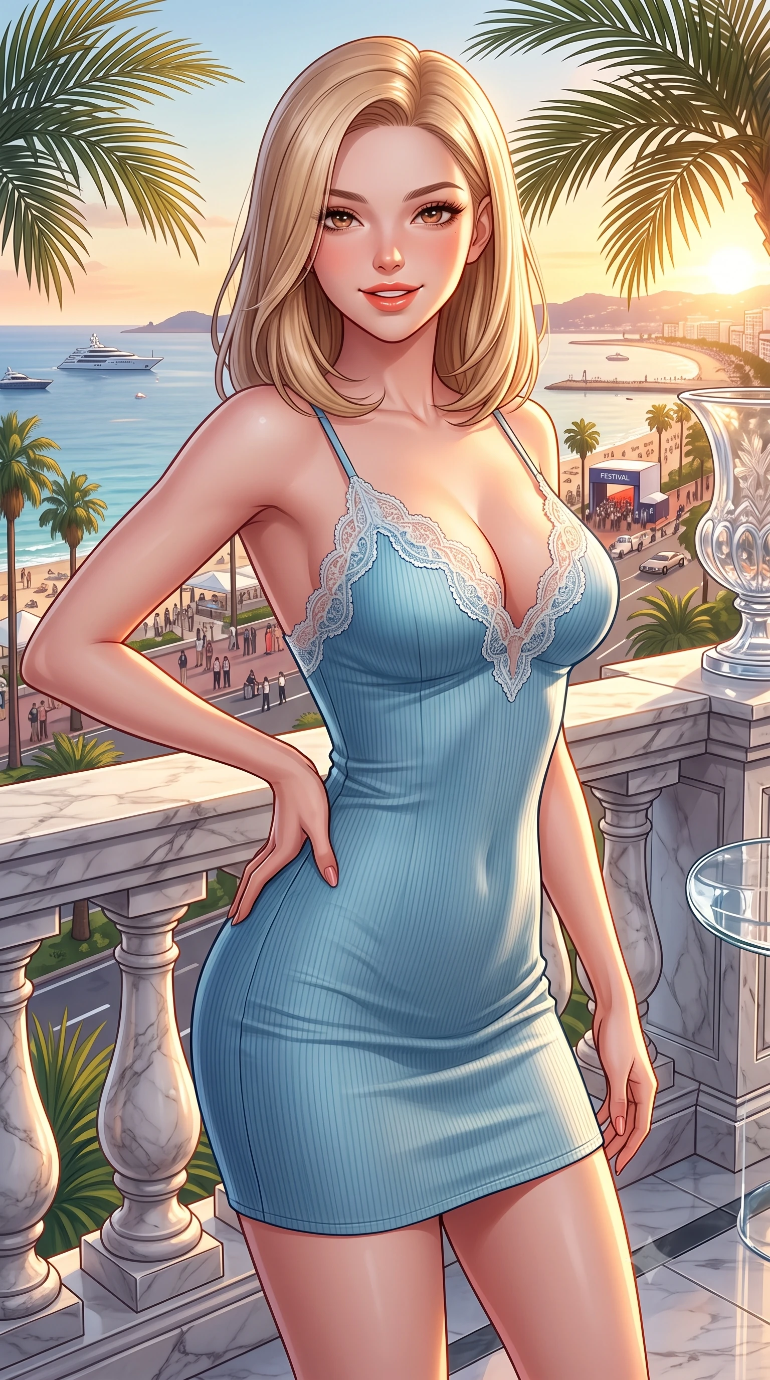 score_9, masterpiece, best quality, ultra-detailed, high-budget anime keyframe, semi-realistic 3D game render, editorial fashion photography, tasteful artistic composition, Korean woman. close-up cowboy shot from the waist and thighs up, the character dominates the composition, filling the frame with her large presence. twisting her slender torso in an alluring contrapposto stance, one hand resting on her sculpted hip while flashing a charming, playful smile with parted glossy lips while standing poised on the grand marble hotel terrace overlooking the Boulevard de la Croisette, arching her spine with festival-queen glamour. The surrounding environment is rendered in vivid detail and crisp panoramic clarity. sharp carved marble terrace balusters, palm frond ribs, and crystal glass clarity in deep focus. She has an exceptionally elegant, slender, and willowy female figure with an ultra-slim waist, flat toned midriff, narrow ribcage, and sculpted feminine hips creating an alluring, slim hourglass silhouette without bulk. sharp v-shaped jawline, high-bridge nose, sparkling amber-hazel eyes with depth, long lush eyelashes, glossy sun-kissed lips with a warm coral glaze, radiant teasing smile with sensual sunlit bedroom-eyes, exuding effortless old-money elegance and intoxicating sun-drenched allure, flawlessly proportioned anatomical accuracy, strict slender model proportions, natural body alignment, perfectly sculpted long slender limbs, ultra-slim waistline, clean dynamic posture without body distortion. wearing a strappy silk crepe slip dress with delicate lace scallop edging along the plunging neckline and hem in Capri sea-spray blue and crisp linen white, formed from supple second-skin stretch ribbed knit clinging to her form, finished with criss-cross back satin straps highlighting her graceful shoulder blades, the form-fitting cut adhering flawlessly to her sculpted flat midriff and slender torso, emphasizing her long leg lines and perfectly proportioned willowy build. bathed in brilliant golden hour sunset illumination streaming across the French Riviera coastline. highly saturated vibrant anime colors, detailed shading with soft gradients, rich glossy textures, high-contrast stereoscopic depth, volumetric dynamic lighting, master piece, 9:16 ratio
