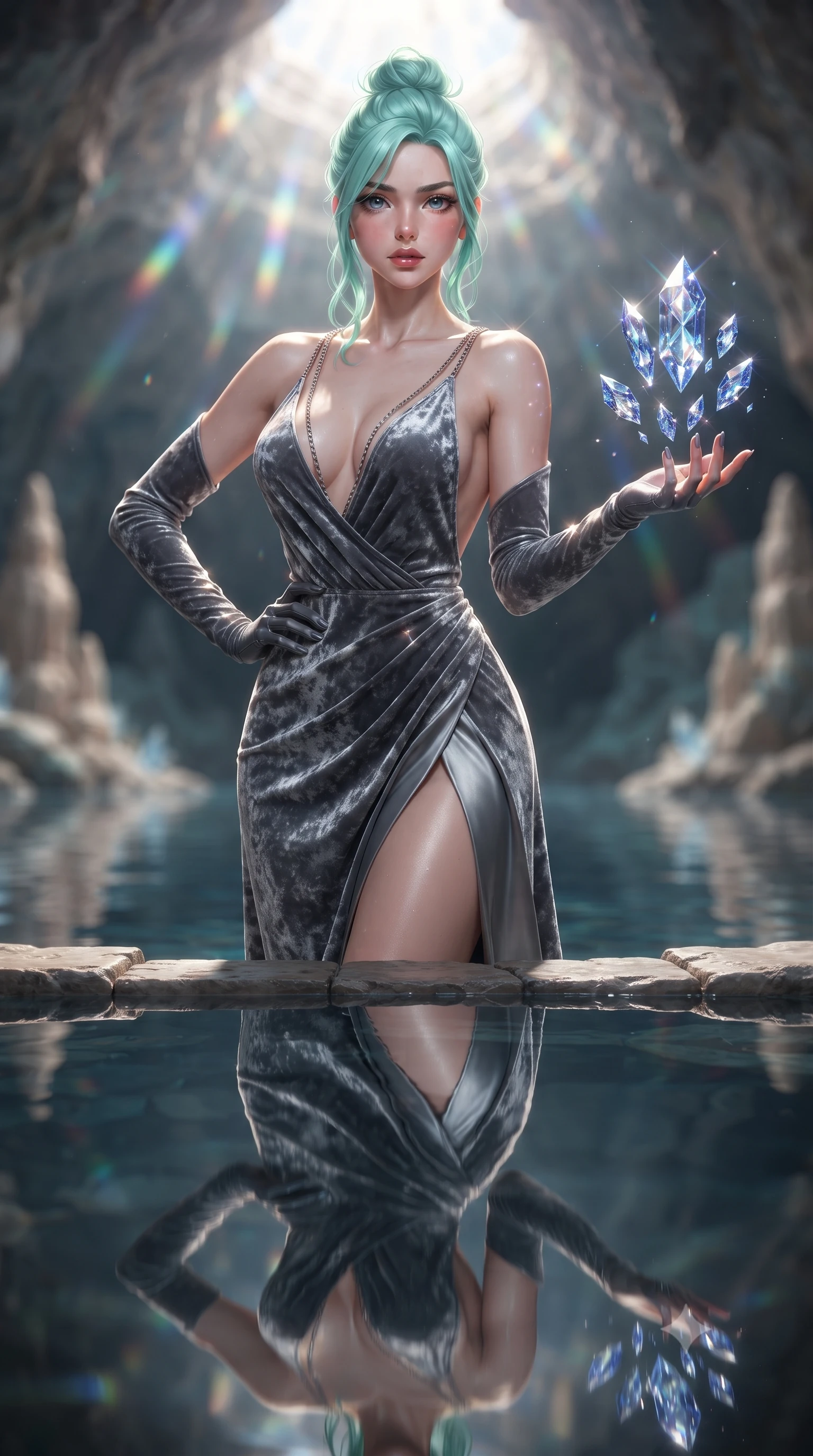 score_9, masterpiece, best quality, ultra-detailed, high-budget anime keyframe, editorial fashion photography, tasteful artistic composition, Japanese woman. close-up cowboy shot from the waist and thighs up, the character dominates the composition, filling the frame with her large presence, background elements kept in soft focus. Holding a confident power pose with one hand on her hip, gazing directly into the camera with quiet intensity guiding floating sapphire light crystals inside a deep mineral sanctuary, still mirror-like water below reflecting her statuesque figure flawlessly. She has an exceptionally elegant, slender, and willowy female figure with an ultra-slim waist, a gracefully sculpted slender torso, and a refined silhouette. sharp v-shaped jawline, high-bridge nose, intricate jewel-like eyes with depth, thick eyelashes, glossy lips with a natural sheen. wearing a backless crushed velvet gown with a deep V-neckline and high thigh slit in charcoal grey and platinum, crafted from smooth liquid silk, adorned with delicate metallic chain straps along the neckline, the glove-like fit emphasizing her statuesque silhouette. bathed in brilliant prismatic light filtering from a natural cavern skylight. ultra-reflective glossy finish, specular highlights, metallic sheen, high-contrast stereoscopic depth, volumetric dynamic lighting, 2k, ultra detail, master piece, 9:16 ratio