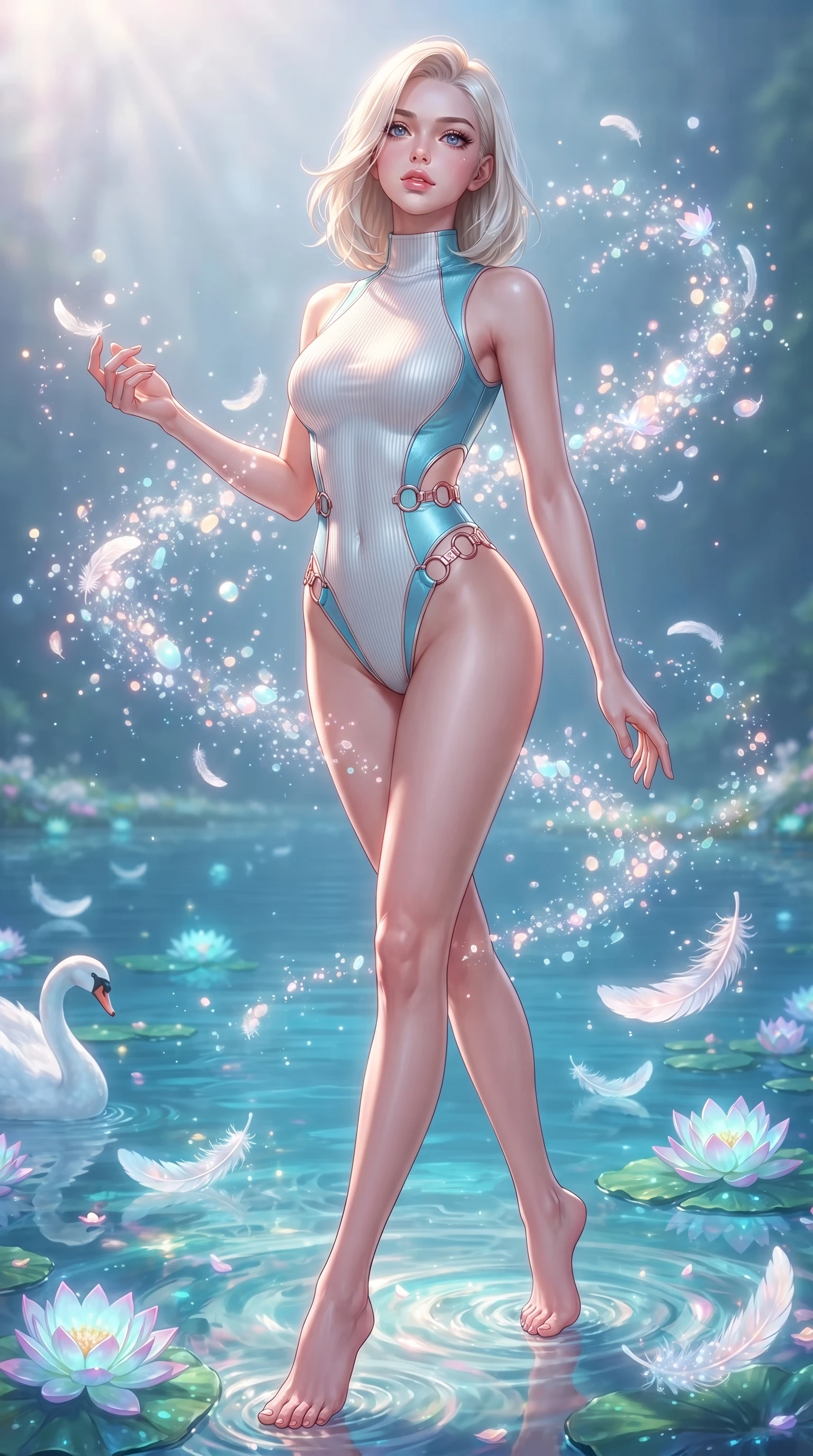 score_9, masterpiece, best quality, ultra-detailed, high-budget anime keyframe, editorial fashion photography, tasteful artistic composition, Caucasian woman. low angle full-body shot from head to toe showing her feet, filling the entire 9:16 vertical frame with her statuesque presence, stretching her vertical silhouette. interacting with floating opal particles, her long slender legs poised in motion, standing beside a crystal lake filled with floating opal swan feathers and bioluminescent lotus, serene angelic aesthetic with refined luxury details. She has an absolutely perfect, statuesque 8.5-heads proportion, an exceptionally tall and slender model-like female figure with impossibly long slender legs and an ultra-slim waist. sharp v-shaped jawline, high-bridge nose, intricate jewel-like eyes with depth, thick eyelashes, glossy lips with a natural sheen. wearing sleek high-neck ribbed activewear bodysuit in pearl white in sky blue turquoise, made of fine silver contouring mesh, trimmed with rose-gold ring hardware along the waist contours, highlighting her statuesque proportions and ultra-slim waistline. surrounded by a radiant ethereal aura with soft glowing edge lights. highly saturated vibrant anime colors, detailed shading with soft gradients, rich glossy textures, high-contrast stereoscopic depth, volumetric dynamic lighting, master piece, 9:16 ratio