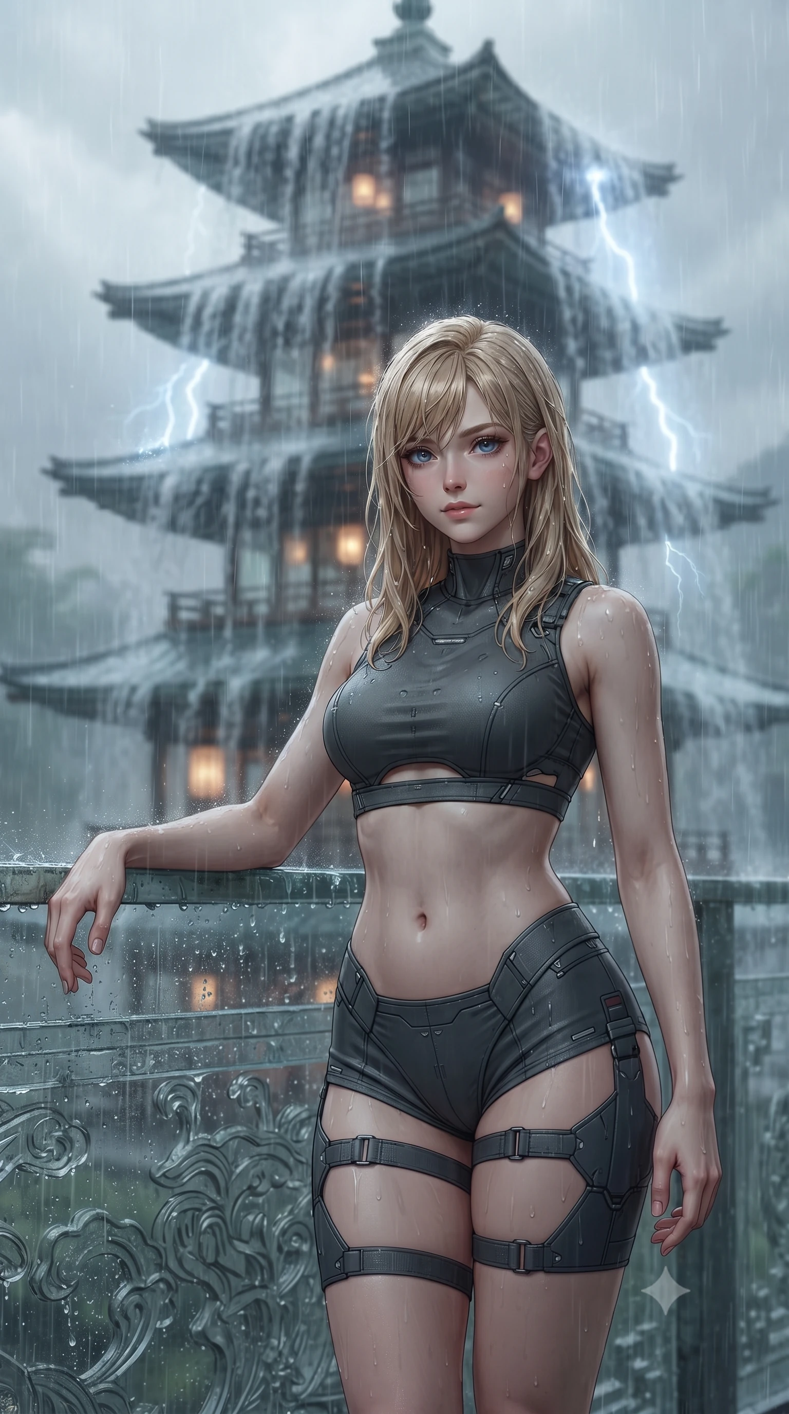 score_9, masterpiece, best quality, ultra-detailed, high-budget anime keyframe, editorial fashion photography, tasteful artistic composition, Caucasian woman, strictly human ears. close-up cowboy shot from the waist and thighs up, the character dominates the composition, filling the frame with her large presence, background elements kept in soft focus. Resting one arm elegantly against a surface with a poised relaxed stance. set against a soft-focus background of a traditional five-tiered pagoda made entirely of glass during a tropical monsoon downpour with thousands of raindrops striking every surface creating a symphony of percussion and cascading water curtains on each tier. She has an exceptionally elegant and slender, willowy female figure with an ultra-slim waist, a gracefully sculpted slender torso, and a refined slim physique. sharp v-shaped jawline, high-bridge nose, intricate jewel-like eyes with depth, thick eyelashes, glossy lips with a natural sheen. wearing a cyber-tactical crop top in dark grey with a subtle waist cutout, paired with matching high-cut shorts and thigh straps. diffused grey storm light filtering through the rain and glass structure with brief bright lightning flashes illuminating the cascading water sheets and internal warm lantern glow providing contrast. 2k, ultra detail, master piece, 9:16 ratio