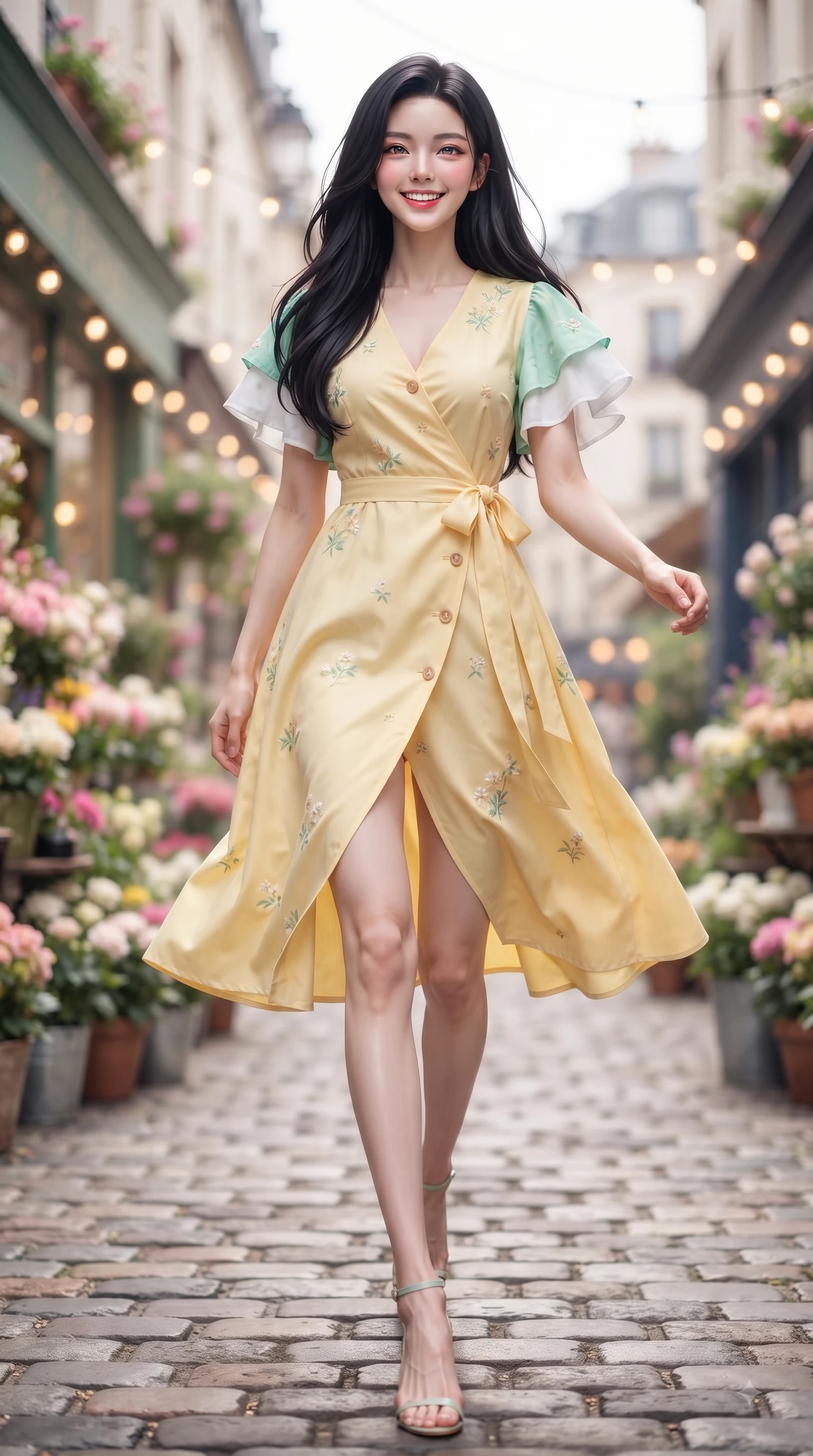 score_9, masterpiece, best quality, ultra-detailed, high-budget anime keyframe, editorial fashion photography, tasteful artistic composition, Korean woman. low angle full-body shot from head to toe showing her feet, filling the entire 9:16 vertical frame with her statuesque presence, stretching her vertical silhouette. leaping with pure youthful energy through the scene with a radiant bright smile, her long slender legs balanced gracefully while walking dynamically down a cobblestone European-style street lined with blooming spring flower shops. The composition keeps background elements in soft focus with dreamy bokeh. charming European cobblestone facades and hanging flower baskets softened by shallow depth of field. She has an absolutely perfect, statuesque 8.5-heads proportion, an exceptionally tall and slender model-like female figure with impossibly long slender legs and an ultra-slim waist. sharp v-shaped jawline, high-bridge nose, intricate jewel-like eyes with depth, thick eyelashes, glossy lips with a natural sheen, flawlessly proportioned anatomical accuracy, natural body alignment, perfectly sculpted elegant limbs, clean dynamic posture without body distortion. wearing an elegant butter-yellow wrap midi dress with subtle floral embroidery and flutter sleeves in refreshing mint green and crisp white, tailored from crisp cotton poplin, finished with neat front wooden buttons and pocket details, the relaxed yet flattering fit accentuating her naturally graceful and slender figure. surrounded by a fresh, uplifting, and romantic spring street ambiance. ultra-reflective glossy finish, specular highlights, metallic sheen, high-contrast stereoscopic depth, volumetric dynamic lighting, 2k, ultra detail, master piece, 9:16 ratio