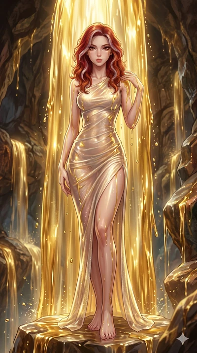 score_9, masterpiece, best quality, ultra-detailed, High-budget Anime Keyframe, East Asian woman. Low angle cowboy shot filling the entire 9:16 frame with her statuesque presence. Scenario 279: Standing under a waterfall of liquid gold, the fluid coa