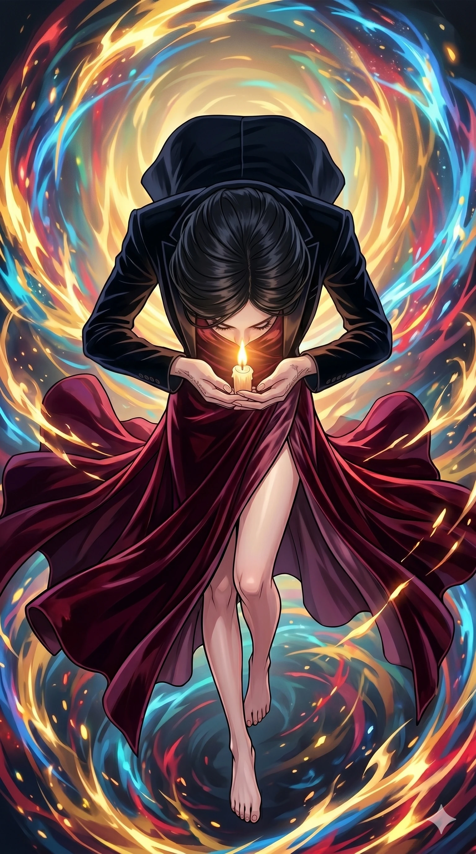 score_9, masterpiece, best quality, ultra-detailed, high-budget anime movie keyframe, cinematic anime lighting, intricate line art, Caucasian (strictly human ears) woman. Extreme high angle shot as she leaps towards the camera, filling the frame. shielding a flickering candle from a hurricane of magical energy. She has an absolutely perfect 8-heads proportion, an exceptionally tall and slender female figure with an ultra-slim waist and impossibly long slender legs. strictly human anatomy, two legs only, no extra limbs, clearly defined legs and arms, perfect anatomy, perfect hands and fingers. sharp v-shaped jawline, high-bridge nose, intricate jewel-like eyes, thick eyelashes, glossy lips. Wearing High-Fashion Editorial: Silk slip dress with high side slit, backless velvet gown, and structured blazer with nothing underneath. The scene is illuminated by dramatic atmospheric lighting and vibrant color palettes. , 2k, ultra detail, master piece, 9:16 ratio