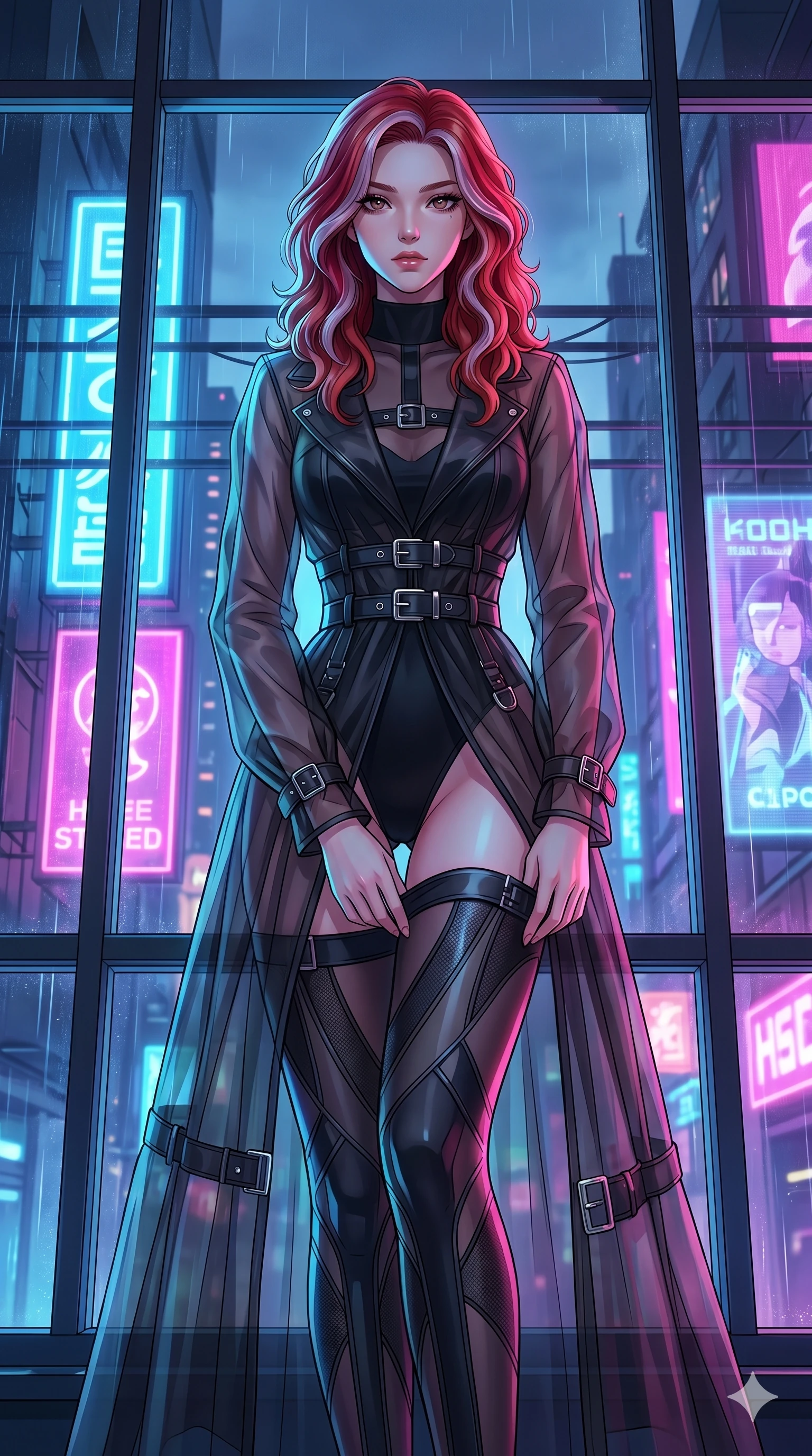 score_9, masterpiece, best quality, ultra-detailed, High-budget Anime Keyframe, East Asian woman. Low angle cowboy shot filling the entire 9:16 frame with her statuesque presence. Scenario 57: Adjusting her sculptural over-the-knee stocking by a glowing neon window. Her presence is magnetic and overpowering in this high-budget anime scene. Outfit 57: A translucent organza long with a elegant high-fashion silhouette and metallic buckles. The clothing is designed to emphasize her exceptionally tall and slender 8-heads proportion. 8-heads proportion, towering silhouette, ultra-slim waist. sharp v-shaped jawline, intricate jewel-like eyes with depth, thick eyelashes, glossy lips. 2k, ultra detail, master piece, 9:16 ratio