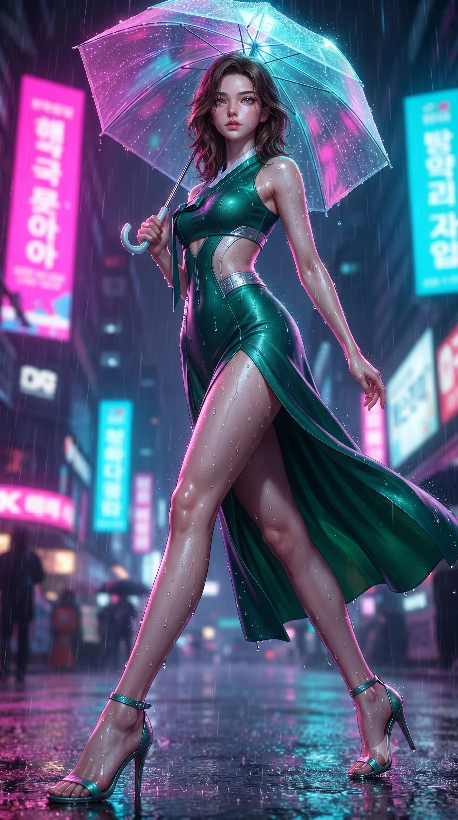 score_9, masterpiece, best quality, ultra-detailed, high-budget anime keyframe, editorial fashion photography, tasteful artistic composition, Korean woman. low angle full-body shot from head to toe showing her feet, filling the entire 9:16 vertical frame with her statuesque presence, stretching her vertical silhouette. forging dynamically through the scene with her long slender legs and ultra-slim waist creating a sweeping S-curve while holding a glowing translucent umbrella under vibrant magenta and cyan billboards, rain droplets glistening on skin and clothing with colorful neon reflections. She has an absolutely perfect, statuesque 8.5-heads proportion, an exceptionally tall and slender model-like female figure with impossibly long slender legs and an ultra-slim waist. sharp v-shaped jawline, high-bridge nose, intricate jewel-like eyes with depth, thick eyelashes, glossy lips with a natural sheen, flawlessly proportioned anatomical accuracy, natural body alignment, perfectly sculpted elegant limbs, clean dynamic posture without body distortion. wearing a modern fusion silk hanbok dress with a structured bodice and flowing skirt in deep emerald green and silver accent, formed from sleek second-skin neoprene, featuring clean architectural cutouts along her slender torso, the sleek second-skin texture accentuating her magnetic presence. drenched in wet neon reflections with brilliant specular highlights on her silhouette. ultra-reflective glossy finish, specular highlights, metallic sheen, high-contrast stereoscopic depth, volumetric dynamic lighting, 2k, ultra detail, master piece, 9:16 ratio
