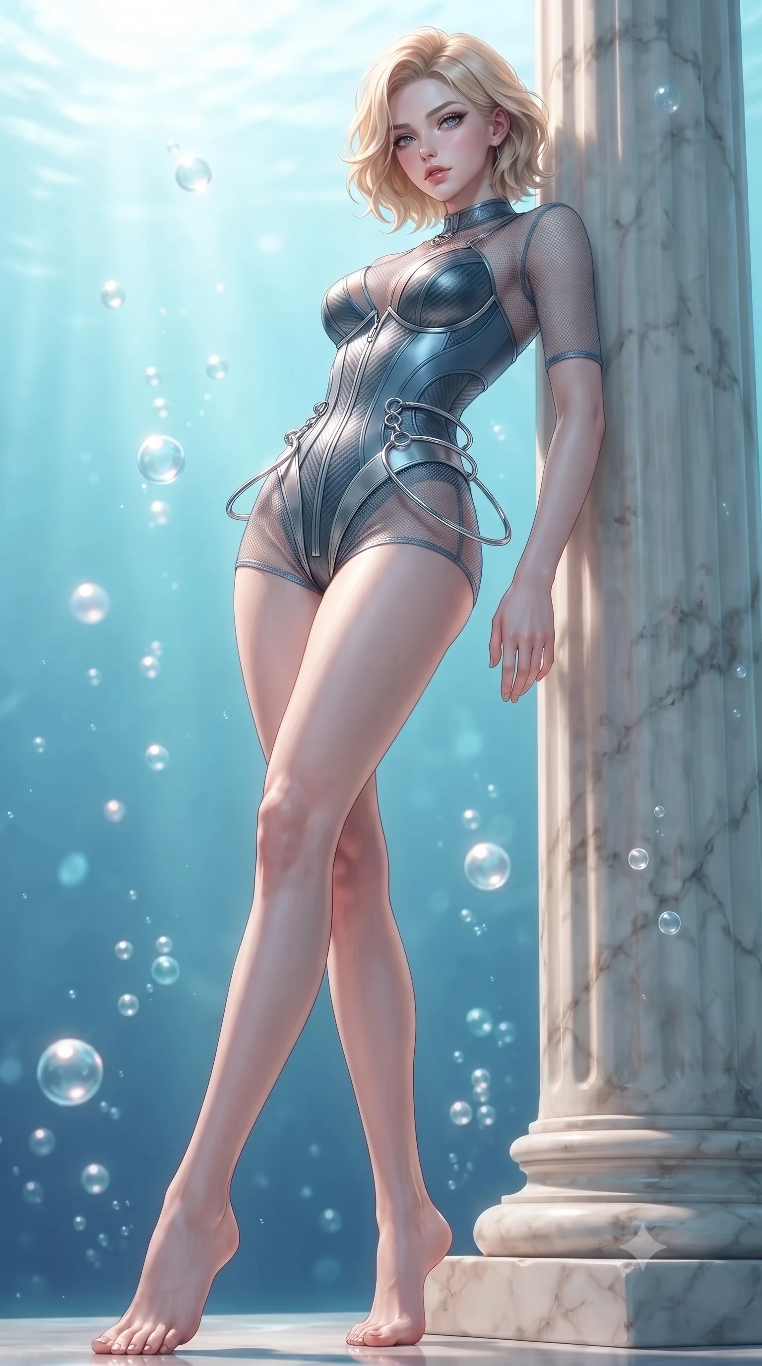 score_9, masterpiece, best quality, ultra-detailed, high-budget anime keyframe, editorial fashion photography, tasteful artistic composition, Caucasian woman. low angle full-body shot from head to toe showing her feet, filling the entire 9:16 vertical frame with her statuesque presence, stretching her vertical silhouette. navigating the luminous space with effortless poise, displaying her perfect model proportions resting against an antique marble pillar as gentle sea bubbles rise around her, rising bioluminescent bubbles casting soft pearl-like highlights. She has an absolutely perfect, statuesque 8.5-heads proportion, an exceptionally tall and slender model-like female figure with impossibly long slender legs and an ultra-slim waist. sharp v-shaped jawline, high-bridge nose, intricate jewel-like eyes with depth, thick eyelashes, glossy lips with a natural sheen. wearing a chrome-plated structured bodice worn over a sheer mesh top and micro-shorts in slate blue and metallic silver, made of fine carbon-fiber weave and soft matte leather, accented with delicate chrome ring hardware framing her waist, the glove-like fit emphasizing her statuesque silhouette. lit by clear sun-drenched sea light with soft ethereal shadows. highly saturated vibrant anime colors, detailed shading with soft gradients, rich glossy textures, high-contrast stereoscopic depth, volumetric dynamic lighting, master piece, 9:16 ratio
