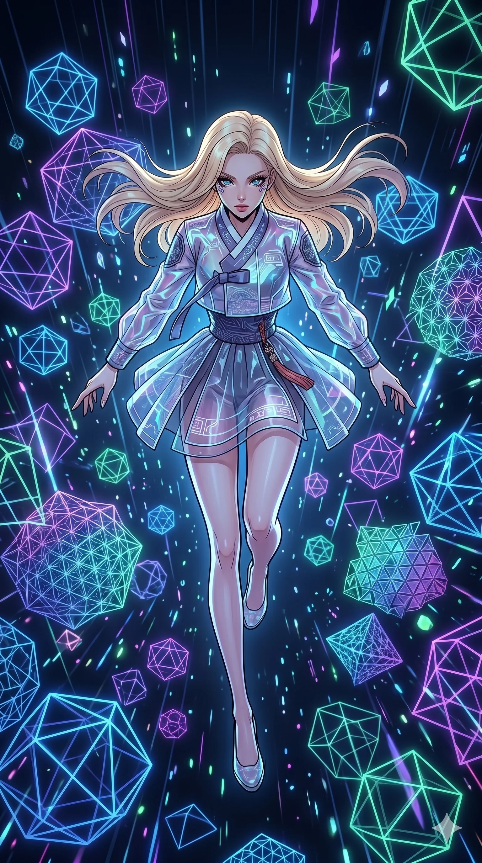 score_9, masterpiece, best quality, ultra-detailed, high-budget anime movie keyframe, cinematic anime lighting, intricate line art, Japanese woman. Extreme high angle shot as she leaps towards the camera, filling the frame. leaping through a storm of glowing geometric shapes in a VR void. She has an absolutely perfect 8-heads proportion, an exceptionally tall and slender female figure with an ultra-slim waist and impossibly long slender legs. strictly human anatomy, two legs only, no extra limbs, clearly defined legs and arms, perfect anatomy, perfect hands and fingers. sharp v-shaped jawline, high-bridge nose, intricate jewel-like eyes, thick eyelashes, glossy lips. Wearing Modern Traditional: Shortened cyber-hanbok with fusion silk robes and transparent panels. The scene is illuminated by dramatic atmospheric lighting and vibrant color palettes. , 2k, ultra detail, master piece, 9:16 ratio