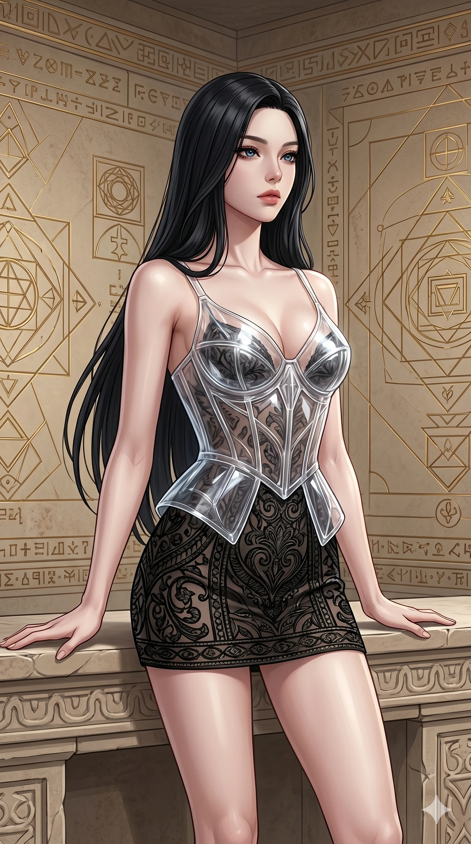 score_9, masterpiece, best quality, ultra-detailed, high-budget anime keyframe, editorial fashion photography, tasteful artistic composition, Korean woman. cowboy shot from the thighs up, character and outfit filling the frame for maximum editorial presence. resting both hands on the stone ledge, looking past the camera in deep thought inside a mathematical temple room with golden geometric patterns on the walls (Code-P18-191). She has an absolutely perfect 8-heads proportion, an exceptionally tall and slender female figure with impossibly long slender legs and an ultra-slim waist. V-shaped jawline, high-bridge nose, intricate jewel-like eyes with depth, thick eyelashes, glossy lips with a natural sheen. wearing a translucent structured bodice over a black patterned embroidery slip dress. bright cinematic key light tracing the sleek contours of her athletic figure. 2k, ultra detail, master piece, 9:16 ratio