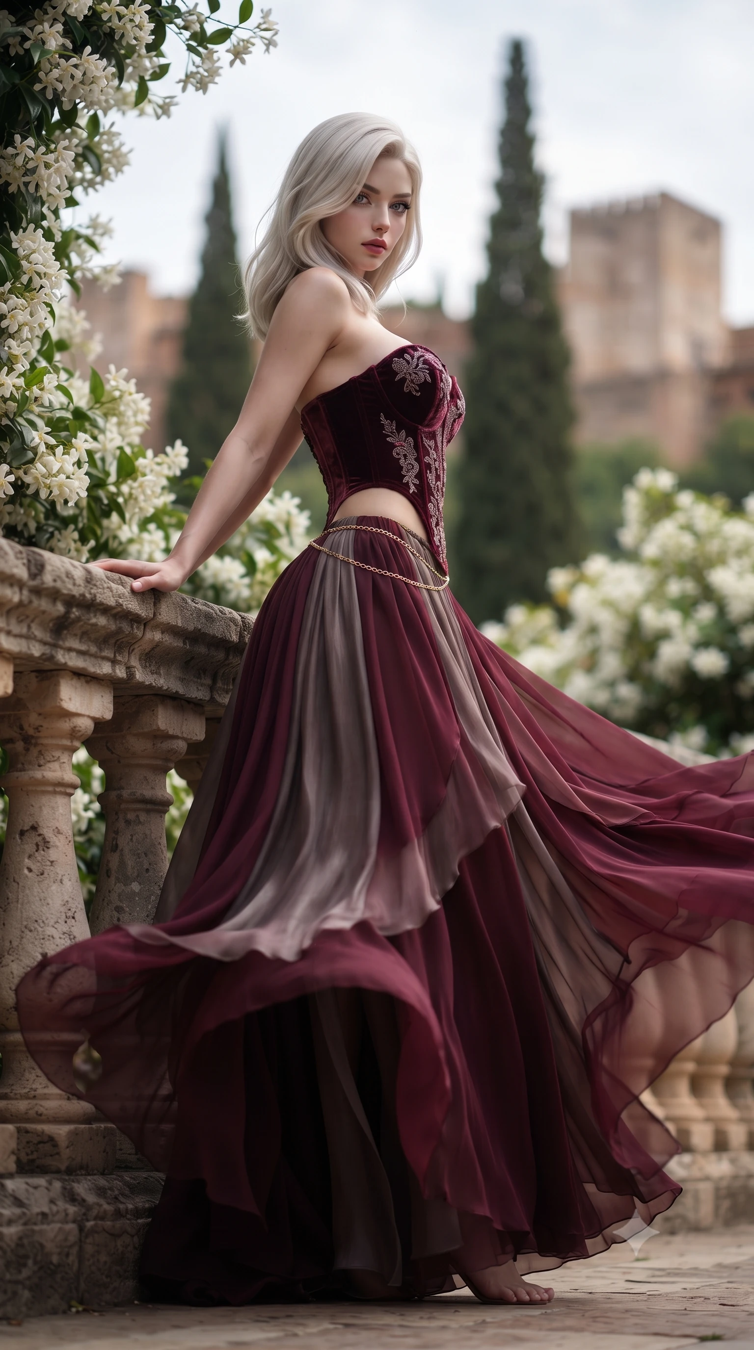 score_9, masterpiece, best quality, ultra-detailed, high-budget anime keyframe, editorial fashion photography, tasteful artistic composition, Caucasian woman. low angle full-body shot from head to toe showing her feet, filling the entire 9:16 vertical frame with her statuesque presence, stretching her vertical silhouette. executing an elegant mid-motion pivot turn as garments swirl around her slender limbs, glancing over her shoulder with an intoxicating bedroom-gaze while leaning against the water-carved stone balustrade with hips cocked back, looking over a bare shoulder with sultry, seductive Andalusian bedroom-eyes. The composition keeps background elements in soft focus with creamy bokeh. fragrant white star jasmine blossoms, towering dark cypress spires, and distant Alhambra fortress battlements blurred into emerald, amber, and terracotta bokeh. She has an exceptionally tall and slender model-like 8.5-heads proportion, an ultra-slim waist, a flat toned midriff, narrow delicate ribcage, and beautifully sculpted feminine hips creating a graceful, slim hourglass silhouette without any bulky heaviness, with impossibly long slender legs. sharp v-shaped jawline, high-bridge nose, intricate jewel-like eyes with depth, thick eyelashes, glossy parted lips with a natural sheen, intensely captivating and seductive bedroom-eyes expression, flawlessly proportioned anatomical accuracy, strict slender model proportions, natural body alignment, perfectly sculpted long slender limbs, ultra-slim waistline, clean dynamic posture without body distortion. wearing a deep sweetheart neckline crushed velvet corseted ballgown with an exposed midriff cutout in deep wine burgundy and brushed dark platinum, woven from layered gossamer chiffon with a weightless sweeping drape, accented with a delicate gold chain belt resting loosely on her curvy hips, the second-skin form-contouring cut accentuating her sculpted flat midriff, narrow delicate ribcage, and gracefully curvy hips with supermodel precision. illuminated by cool water surface specular reflections sharply defining her razor-sharp jawline, narrow waist, and curvy hips. ultra-reflective glossy finish, specular highlights, rich textural contrasts, high-contrast stereoscopic depth, volumetric dynamic lighting, 2k, ultra detail, master piece, 9:16 ratio
