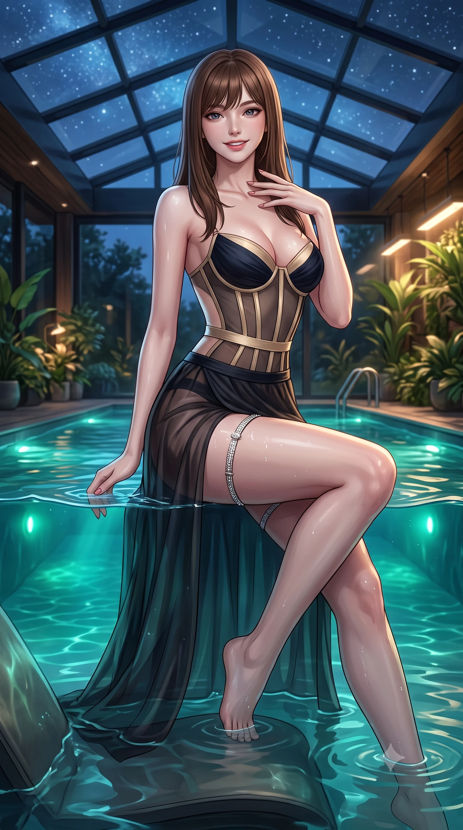 score_9, masterpiece, best quality, ultra-detailed, high-budget anime keyframe, editorial fashion photography, tasteful artistic composition, Korean woman. close-up cowboy shot from the waist and thighs up, the character dominates the composition, filling the frame with her large presence. perched sideways on the lounge seat, one knee drawn up to showcase her slender leg line while her arched back accentuates her feminine hip curve while sitting gracefully on the submerged pool seat with water lapping at her waist, running one manicured hand slowly down her neck with magnetic poise. The surrounding environment is rendered in vivid detail and crisp panoramic clarity: detailed garment cut, bodycon cling, and eco-luxury architectural craft in high resolution. She has an exceptionally elegant, slender, and willowy female figure with an ultra-slim waist, flat toned midriff, narrow ribcage, and sculpted feminine hips creating an alluring, slim hourglass silhouette without bulk. sharp v-shaped jawline, high-bridge nose, intricate jewel-like sparkling eyes with depth, thick eyelashes, glossy parted lips with a natural peach sheen, bright cheerful beaming smile with an enchanting and coquettish sensual glint, exuding both youthful cute charm and seductive allure, flawlessly proportioned anatomical accuracy, strict slender model proportions, natural body alignment, perfectly sculpted long slender limbs, ultra-slim waistline, clean dynamic posture without body distortion. wearing a provocative translucent mesh corset bodice with boned satin channels paired with a sheer chiffon wrap maxi skirt in deep midnight obsidian black and champagne gold, made of sheer gossamer chiffon that drapes softly against skin with airy translucence, finished with delicate crystal-encrusted thigh garter straps glinting in the dim light, the precision-cut side openings and low-back scoop framing her graceful spine and the sensual sweep of her slim, toned hips. bathed in warm 2600K botanical grow lamps combined with turquoise underwater pool LEDs and clear Arctic starlight through glass. ultra-reflective glossy finish, specular highlights, rich textural contrasts, high-contrast stereoscopic depth, volumetric dynamic lighting, 2k, ultra detail, master piece, 9:16 ratio