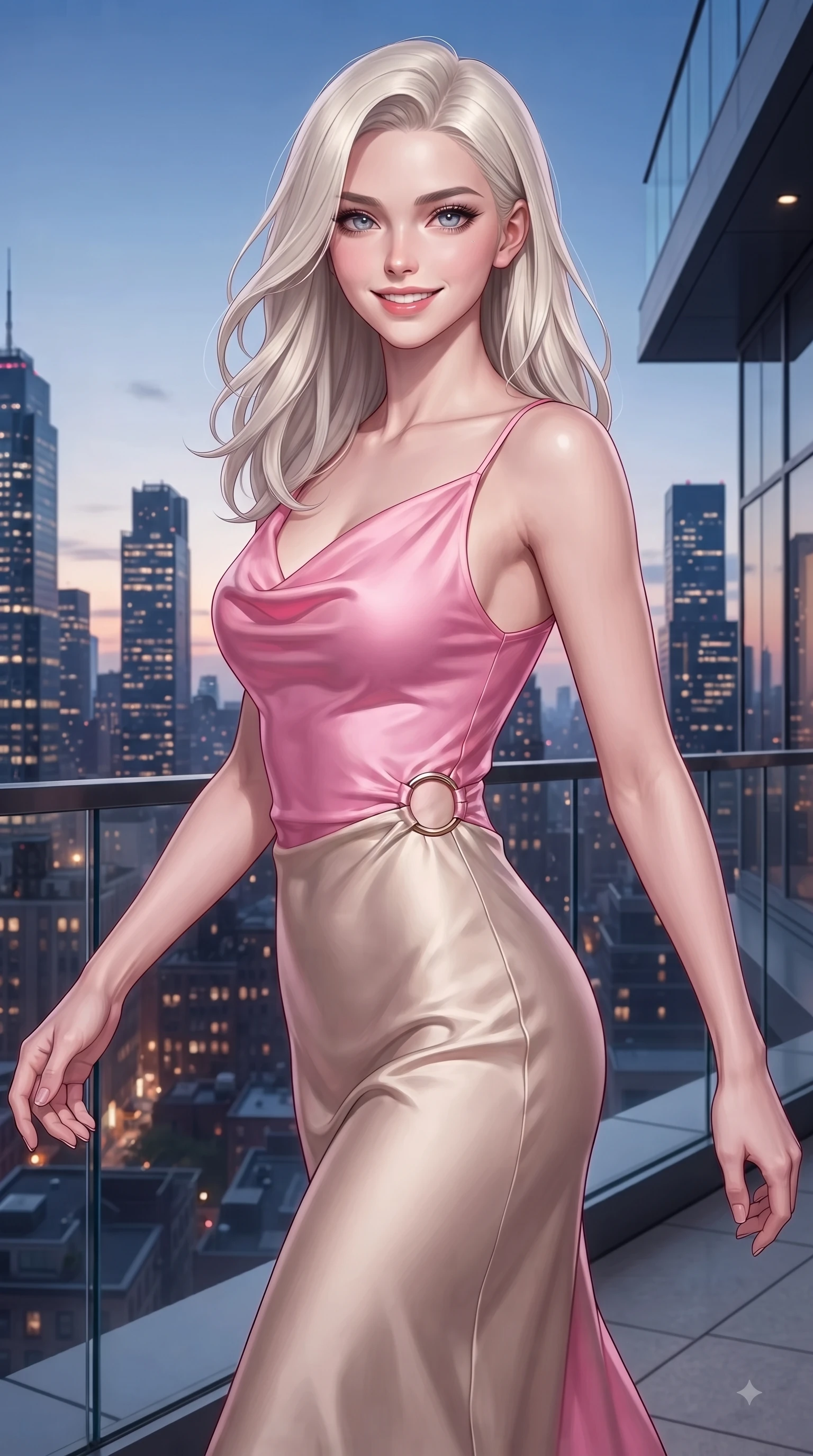 score_9, masterpiece, best quality, ultra-detailed, high-budget anime keyframe, editorial fashion photography, tasteful artistic composition, Caucasian woman. close-up cowboy shot from the waist and thighs up, the character dominates the composition, filling the frame with her large presence. Gazing directly into the camera with a fresh, infectious smile as her torso curves dynamically in mid-stride while pivoting dynamically near a glass railing with city skyscraper outlines behind her. The surrounding environment is rendered in vivid detail and crisp panoramic clarity. intricate city skyline details, twilight sky gradients, and modern architectural lines in high clarity. She has an exceptionally elegant, slender, and willowy female figure with an ultra-slim waist, a gracefully sculpted slender torso, and a refined silhouette. sharp v-shaped jawline, high-bridge nose, intricate jewel-like eyes with depth, thick eyelashes, glossy lips with a natural sheen, flawlessly proportioned anatomical accuracy, natural body alignment, perfectly sculpted elegant limbs, clean dynamic posture without body distortion. wearing an elegant cowl-neck silk satin midi dress with a graceful draped neckline in bright cherry blossom pink and champagne, knitted from soft cozy cashmere yarn, accented with subtle metallic ring hardware framing her waist, the glove-like fit emphasizing her statuesque silhouette during motion. surrounded by a sophisticated, glamorous, and modern nightlife aura. ultra-reflective glossy finish, specular highlights, metallic sheen, high-contrast stereoscopic depth, volumetric dynamic lighting, 2k, ultra detail, master piece, 9:16 ratio